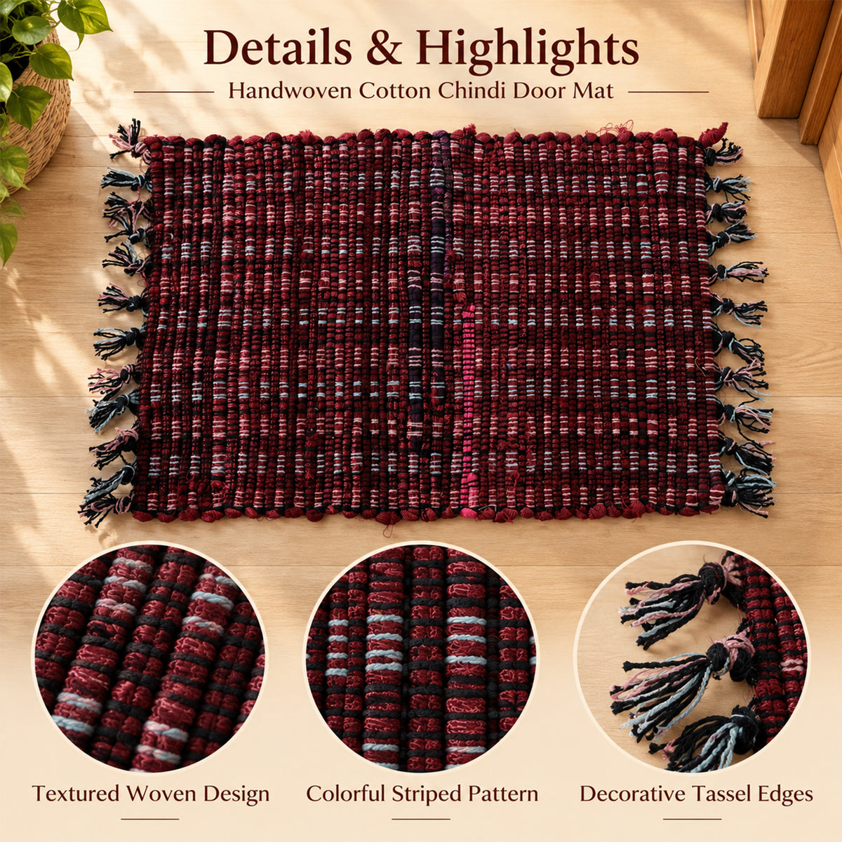 Soft Woven Decorative Floor Mat with Tassel Edges for Home (1 Pc, 59x37 Cm)