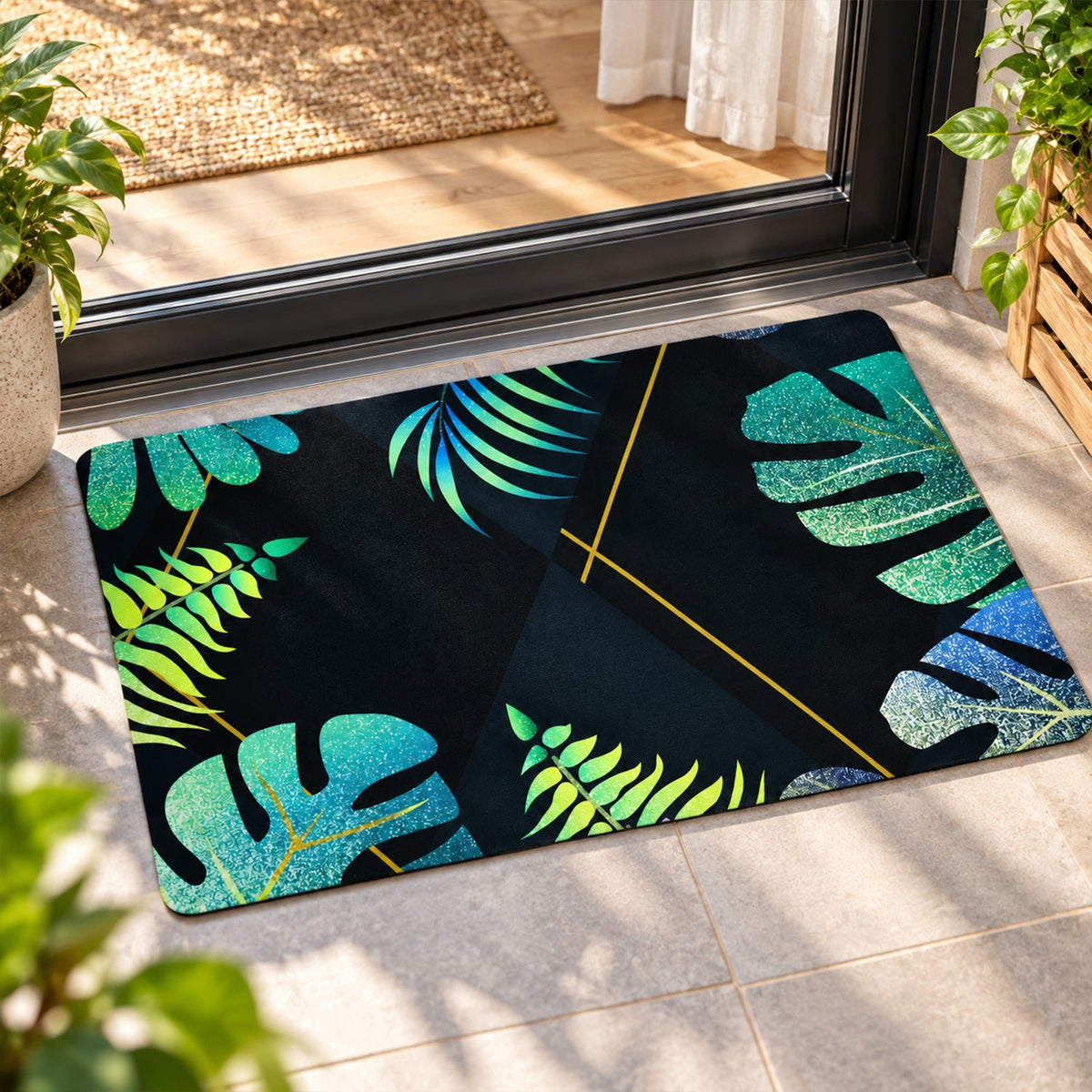 Tropical leaf floor mat white bg