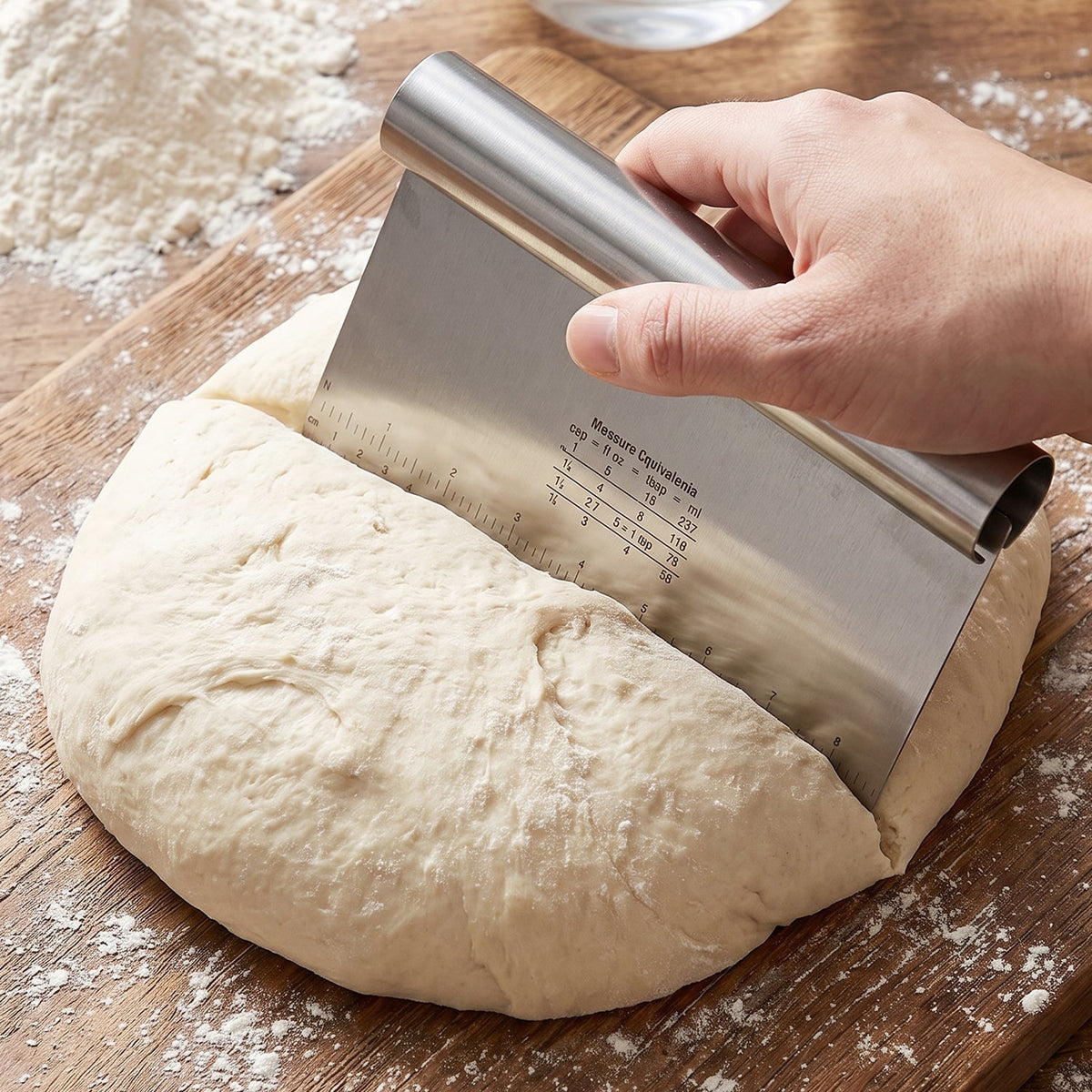 A hand uses a stainless steel dough scraper to divide a large round of dough on a wooden board.