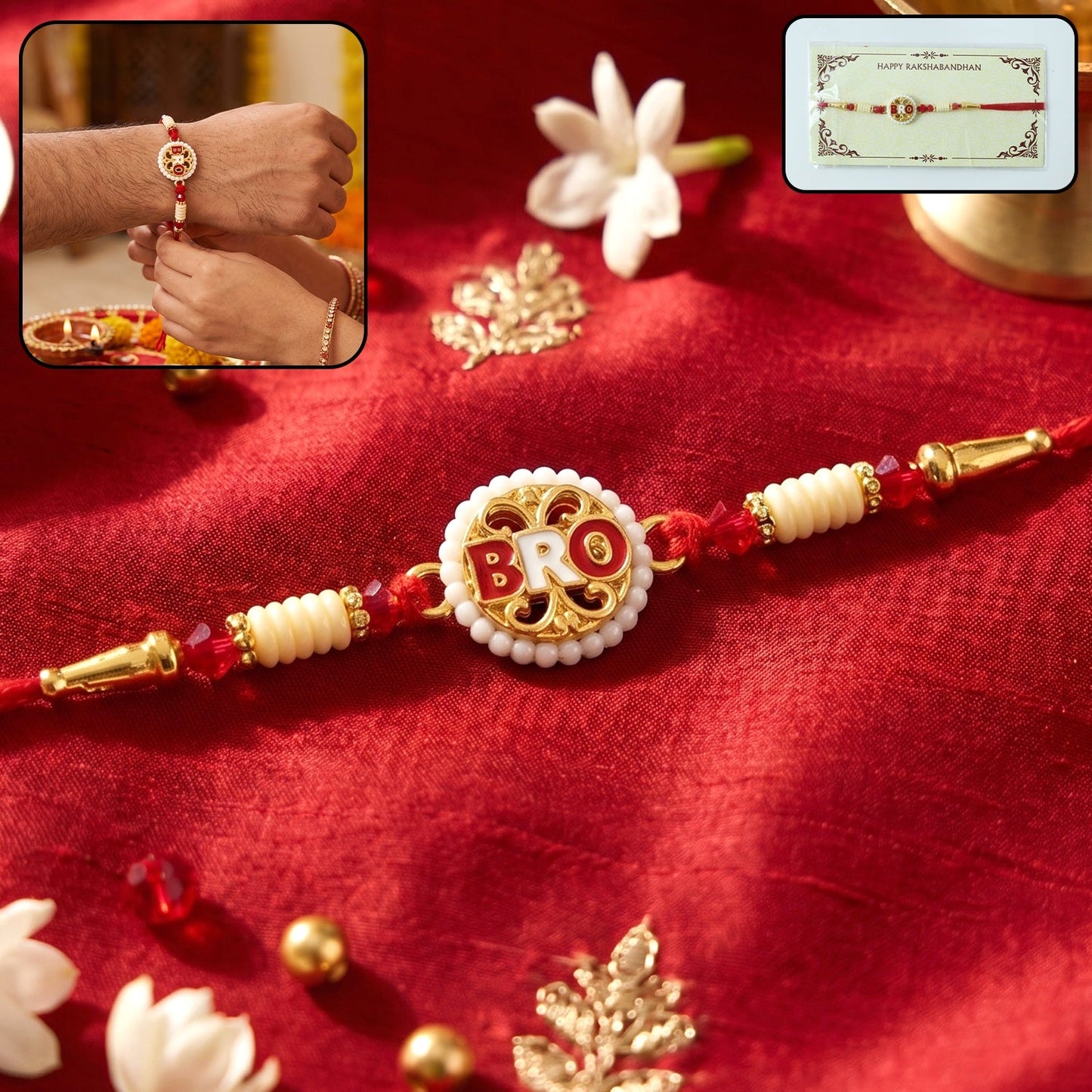 Bro Letter Designer Rakhi with decorative beads on soft thread