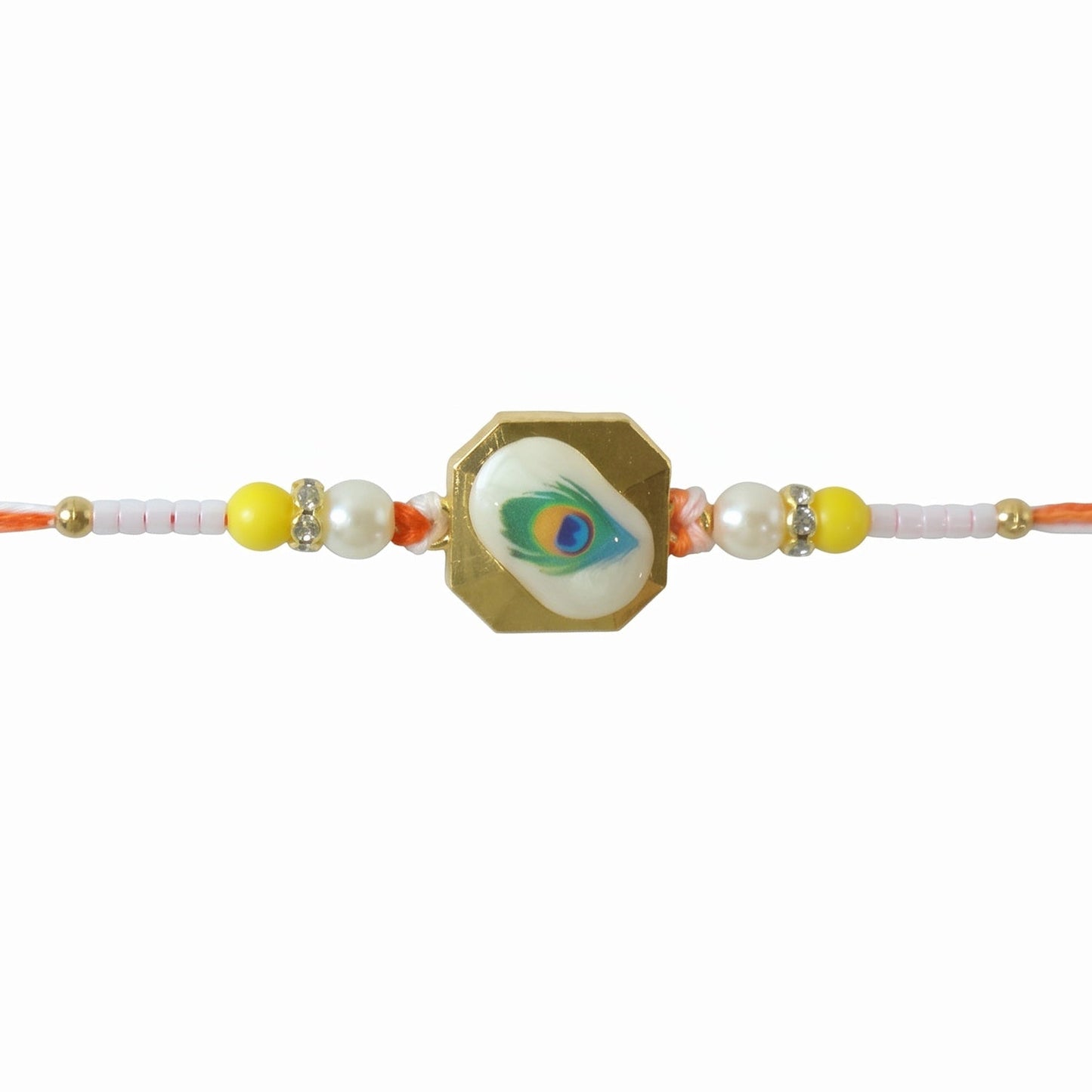 Side view of peacock feather Rakhi with colorful thread detail
