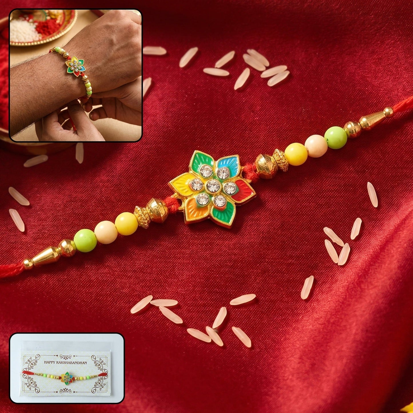Multicolor Floral Star Kundan Designer Rakhi close-up with decorative beads