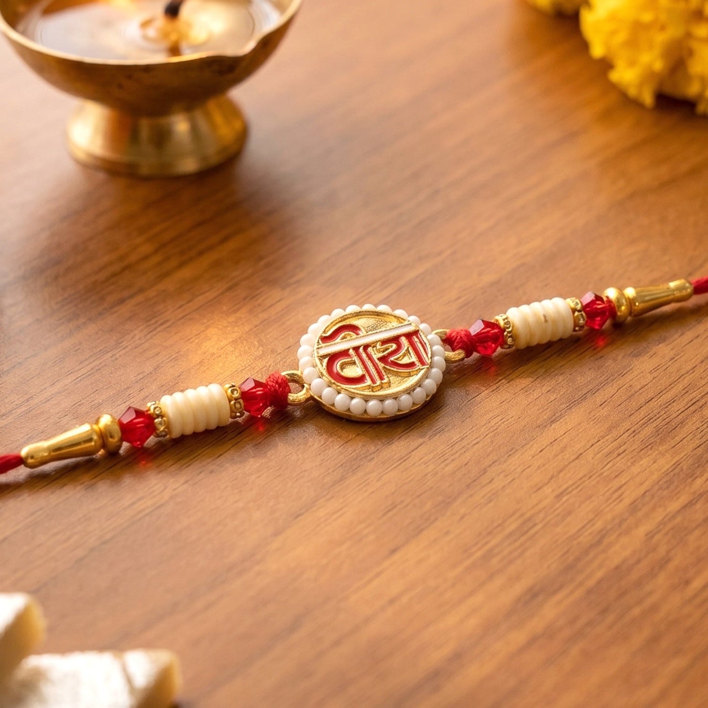 Traditional decorative Rakhi with beads and cultural motifs