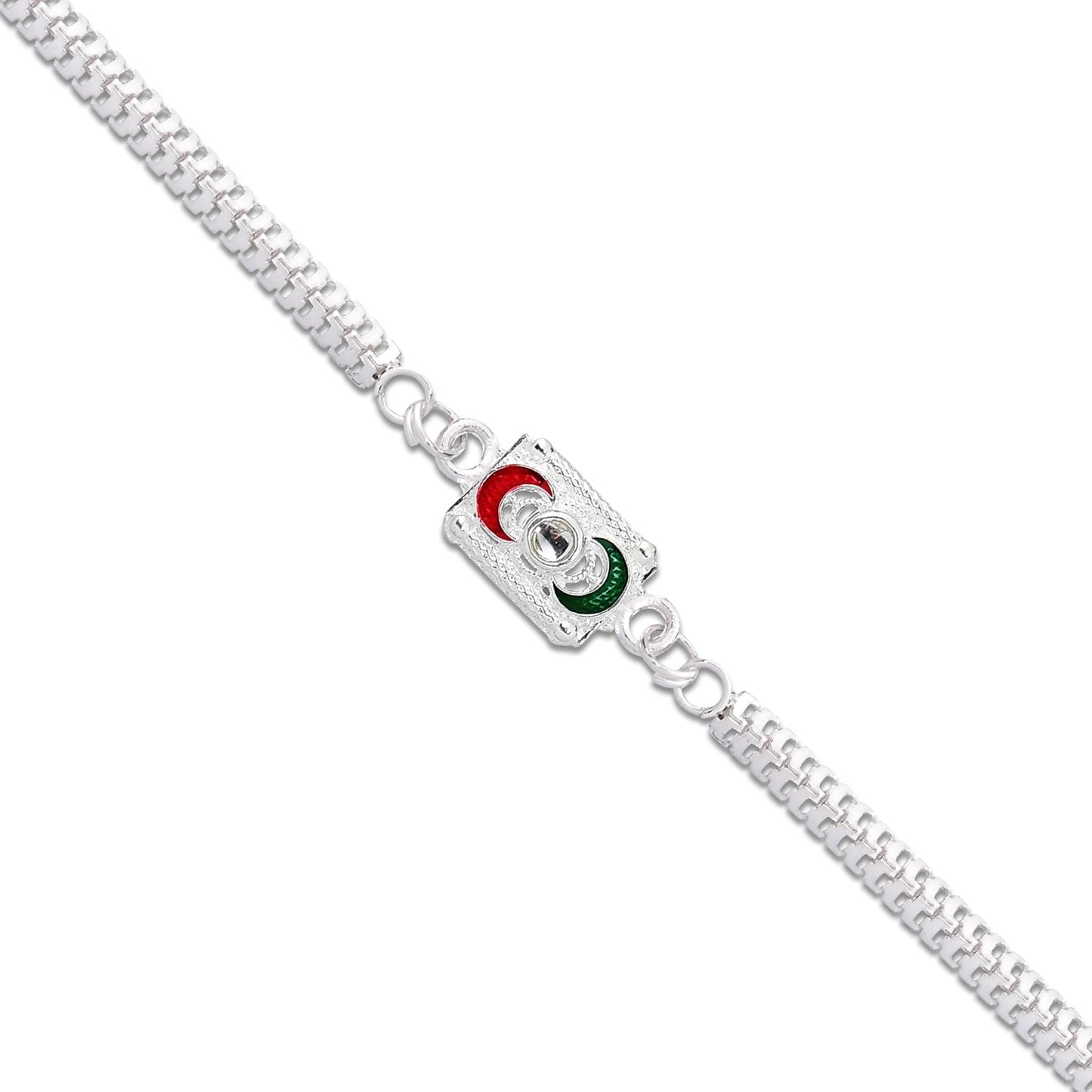 Trendy geometric rakhi showcasing linked ring motif on polished chain