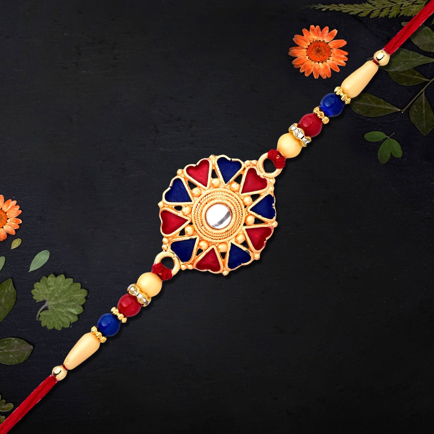 Detailed view of floral bead design on traditional Raksha Bandhan rakhi