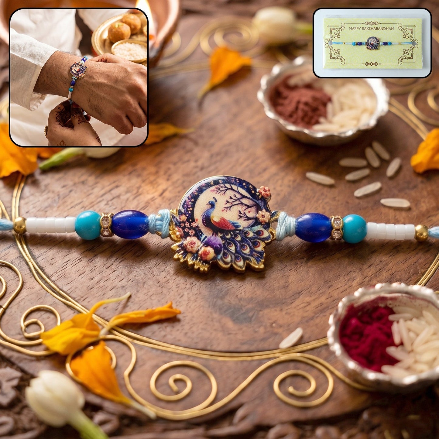 Royal Mughal Peacock Rakhi with decorative beads and intricate design