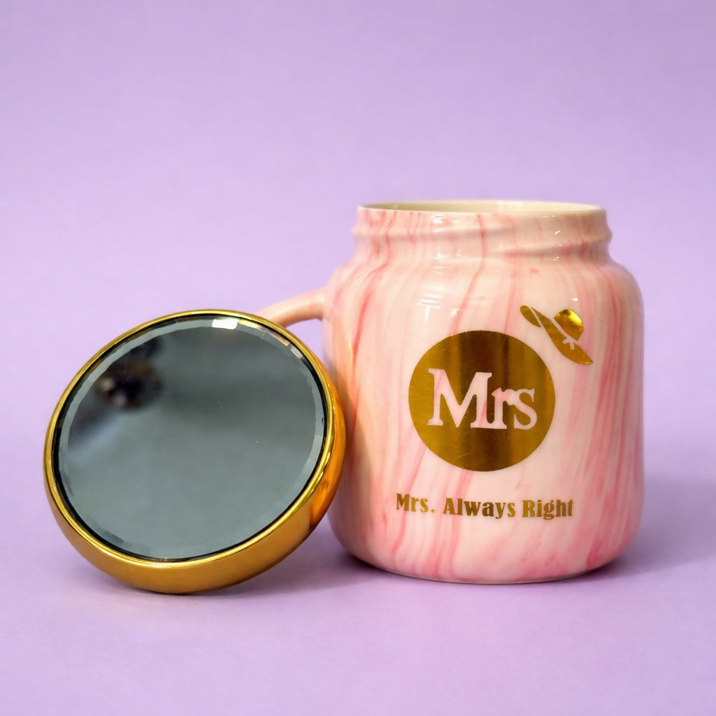 Mrs Printed Ceramic Mug with Lid, Gift Coffee Cup for Women