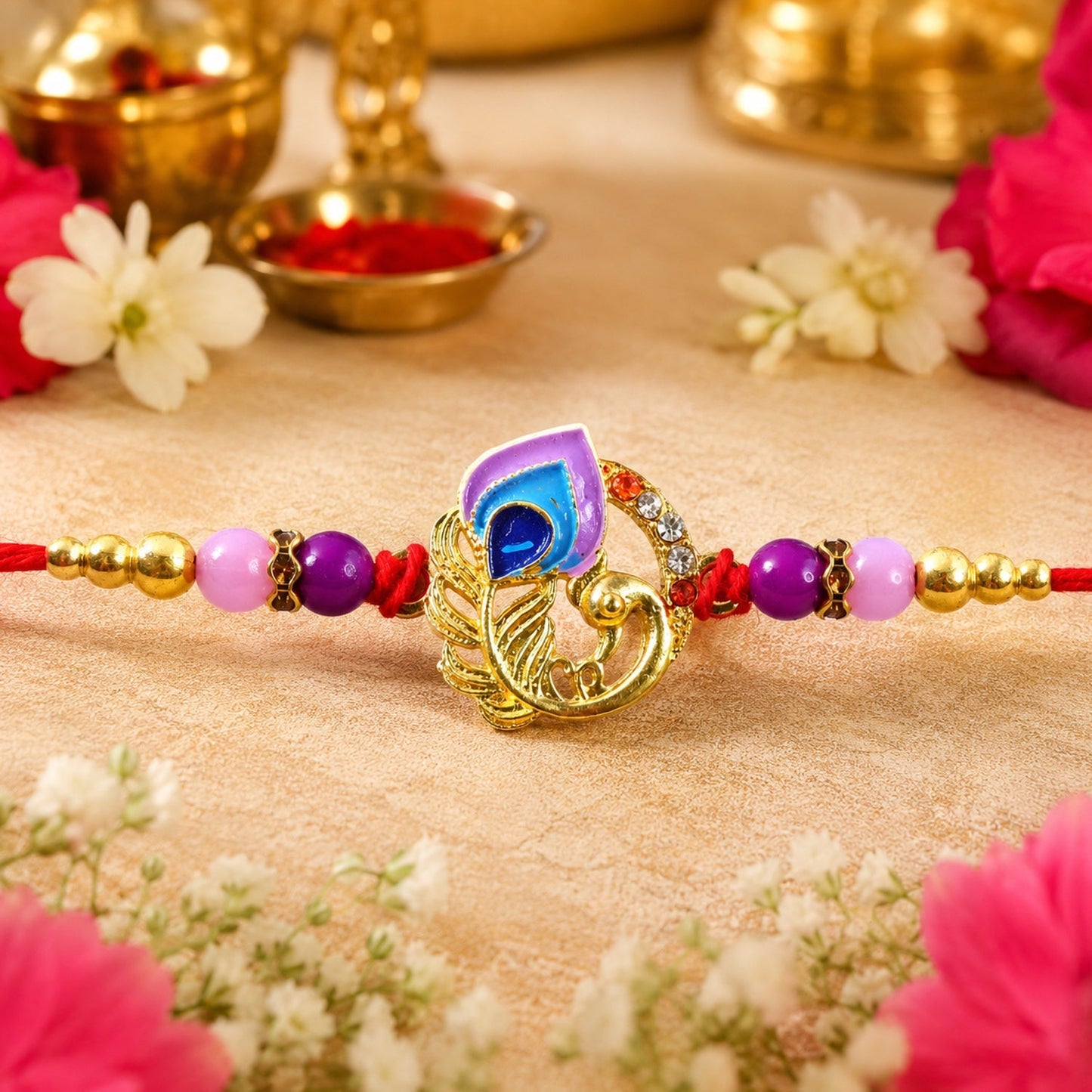 Display of Peacock Rakhi in traditional style on white background