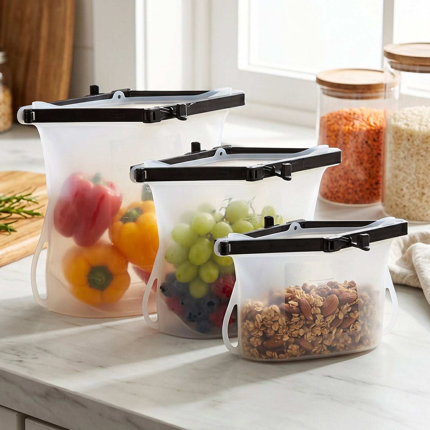 Silicone Food Storage Bags - Set of 3 Keepers for Fruits, Vegetables, Snacks