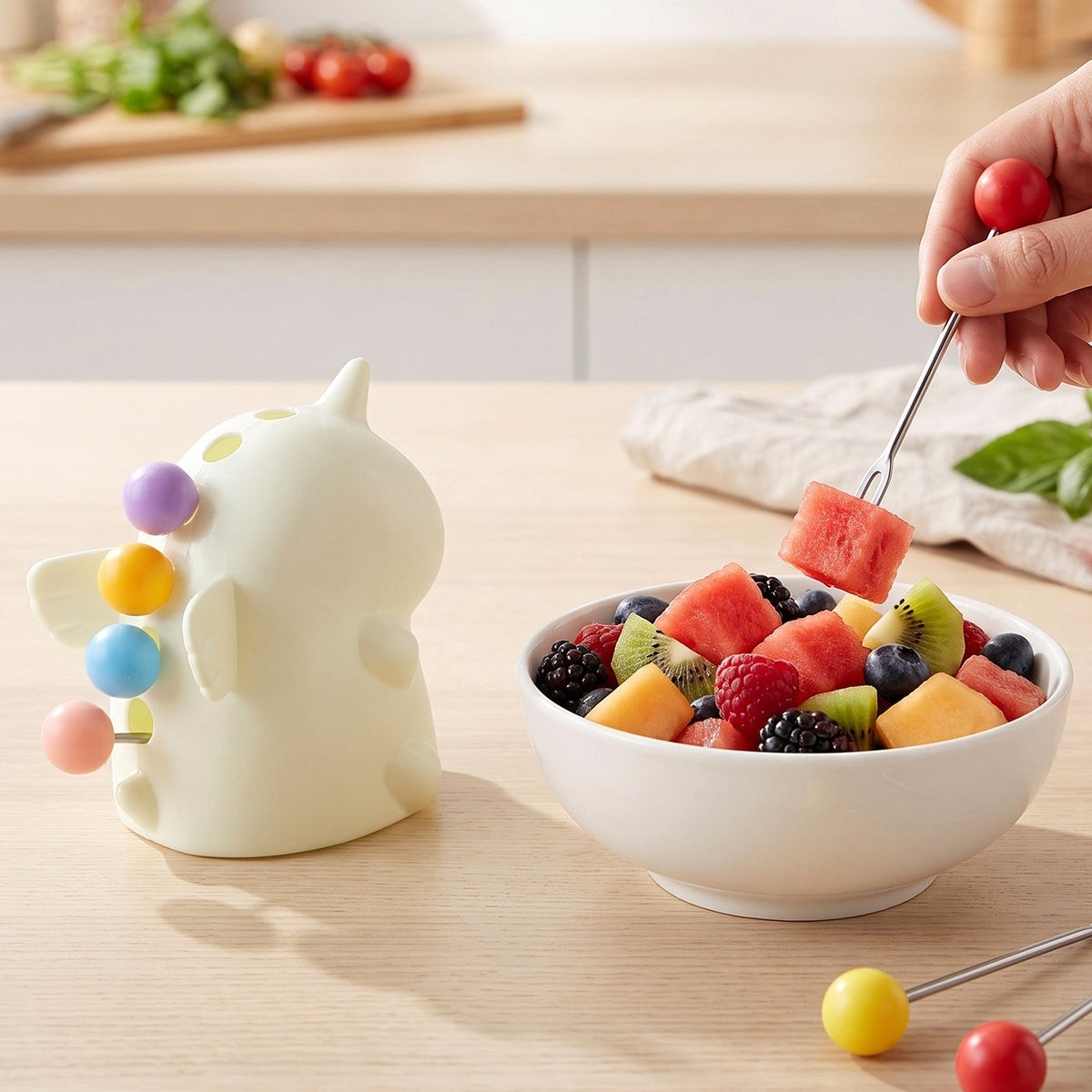 Close up of the cartoon dinosaur fork tops