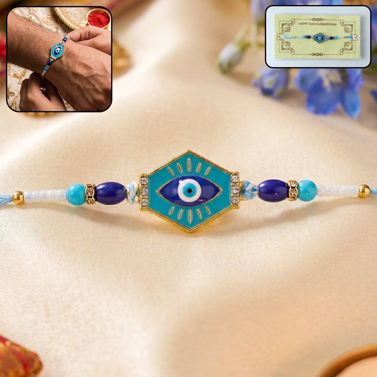 Turquoise evil eye hexagon designer Rakhi with protective charm
