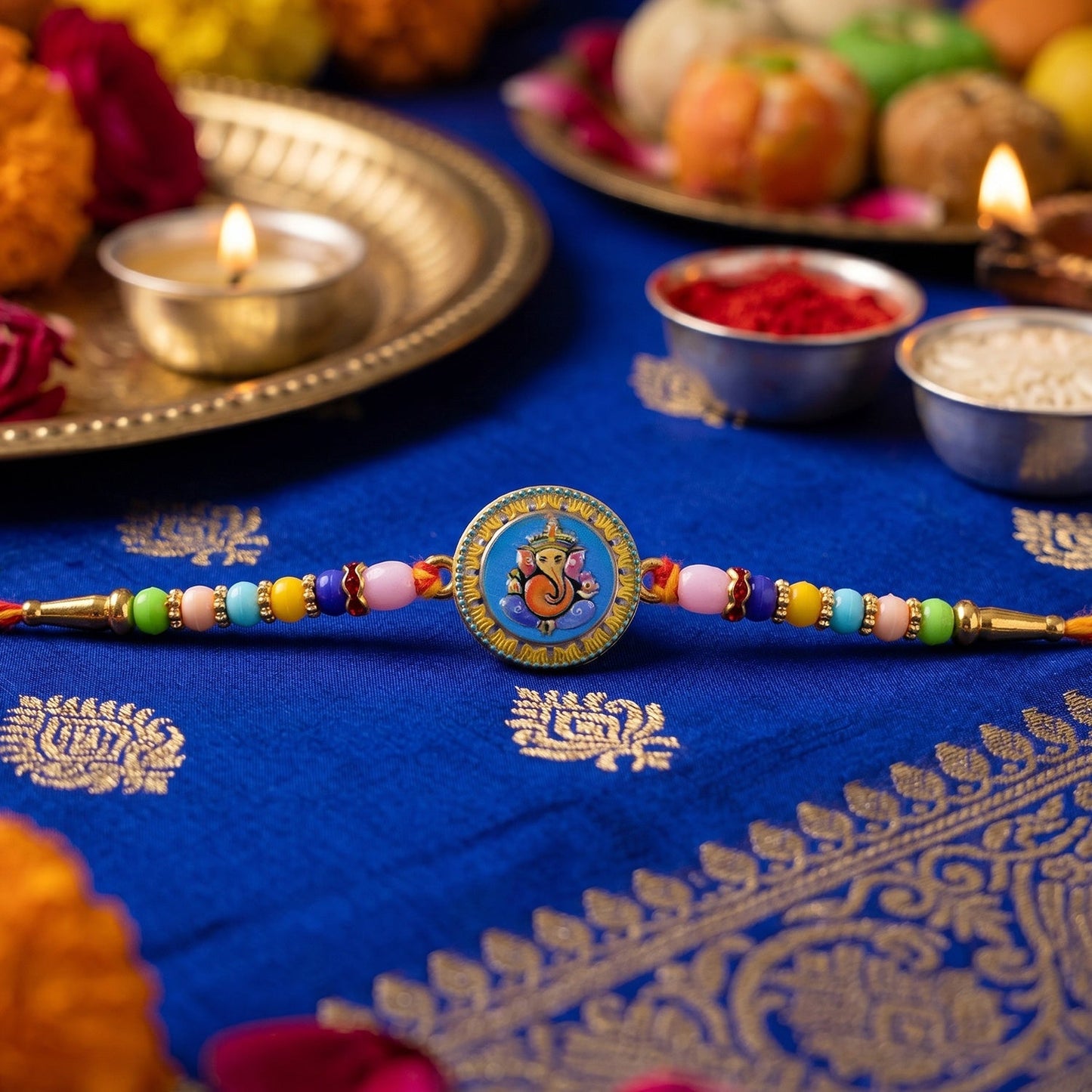 Traditional Lord Ganesha Rakhi laid on white background
