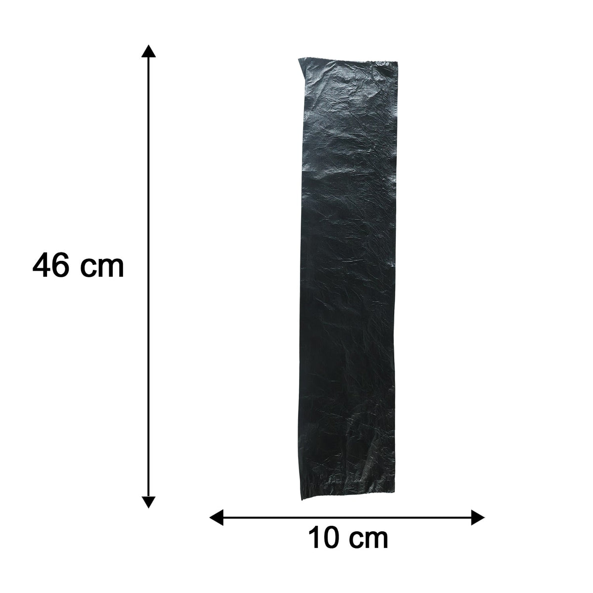 A black plastic garbage bag, unrolled, with dimensions of 46 cm length and 10 cm width indicated.