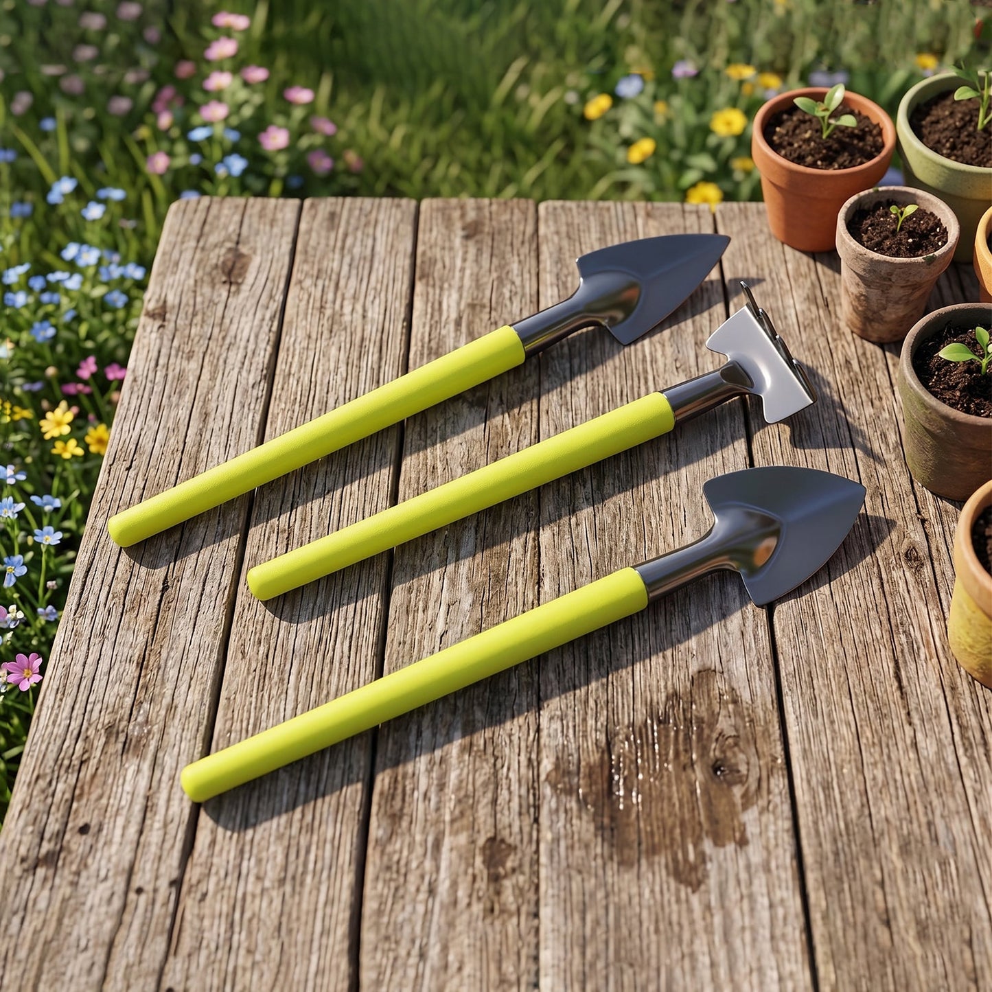 Gardening tools in use for potting plants in small garden beds