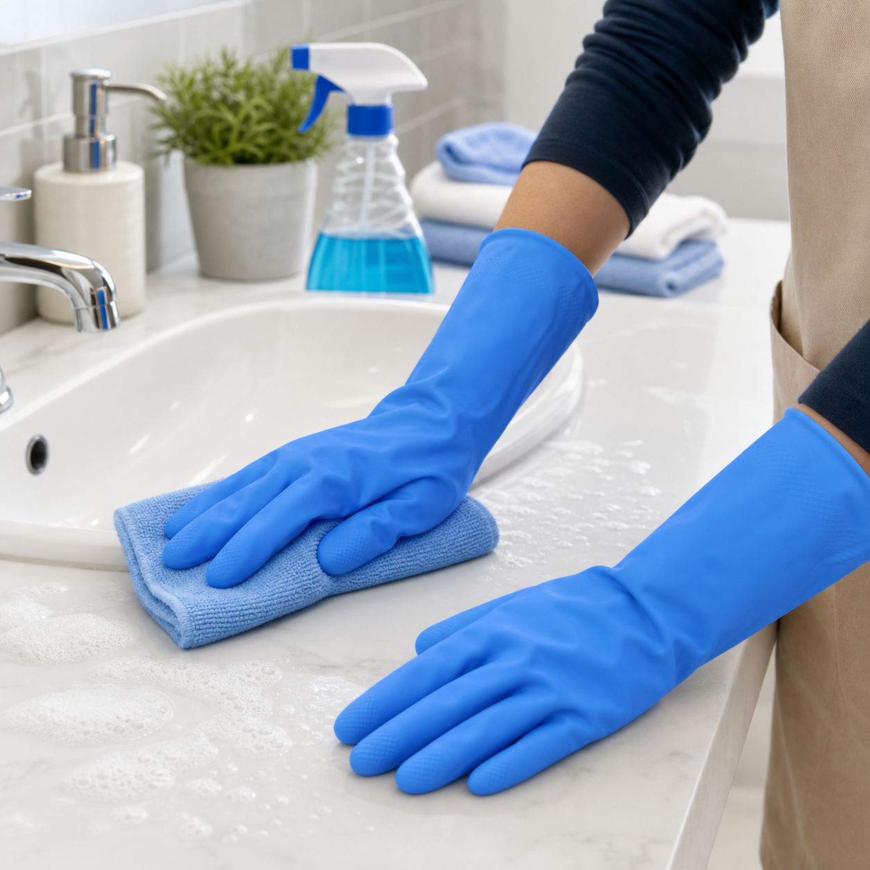 Blue gloves household tasks