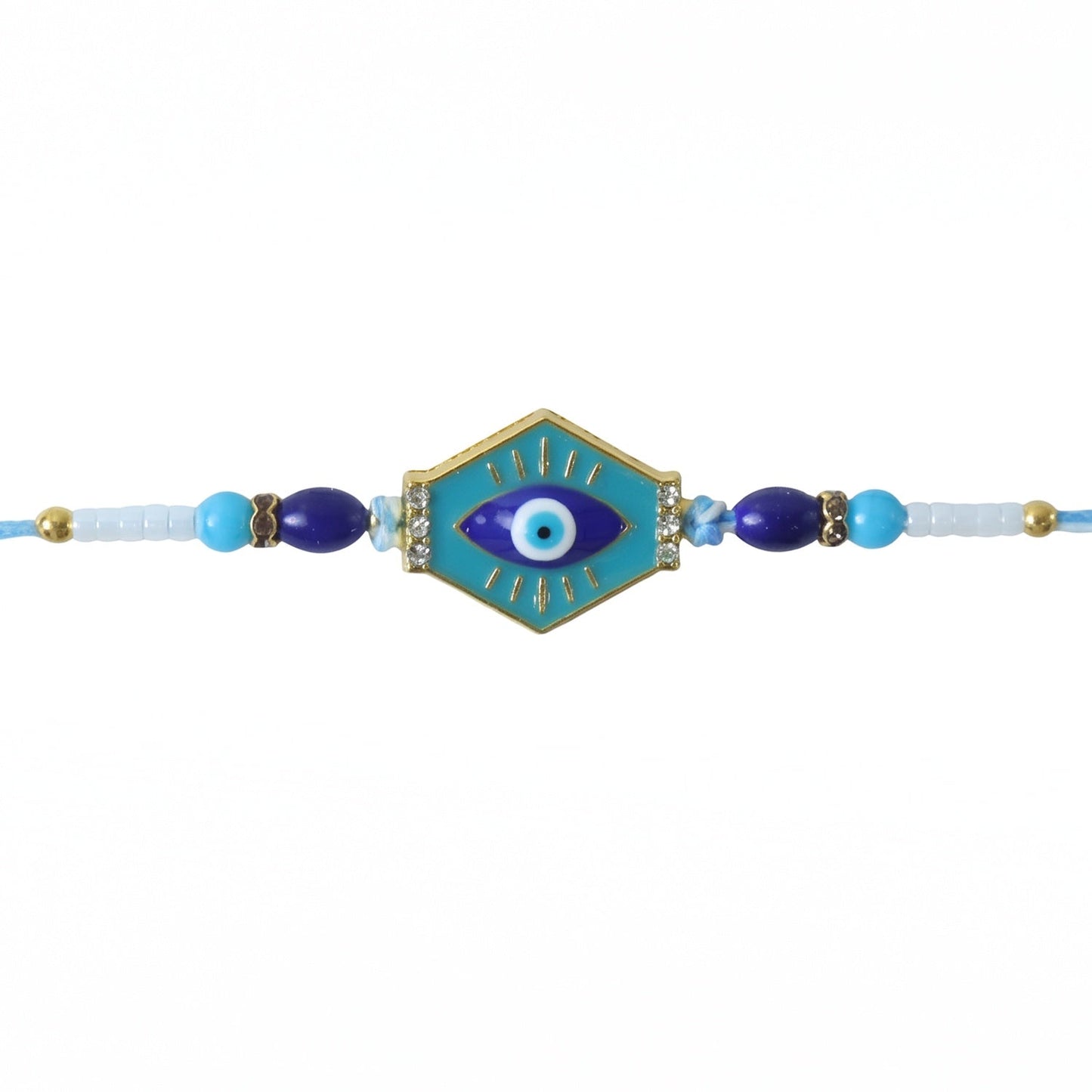 Decorative beads and protection symbols on turquoise evil eye Rakhi