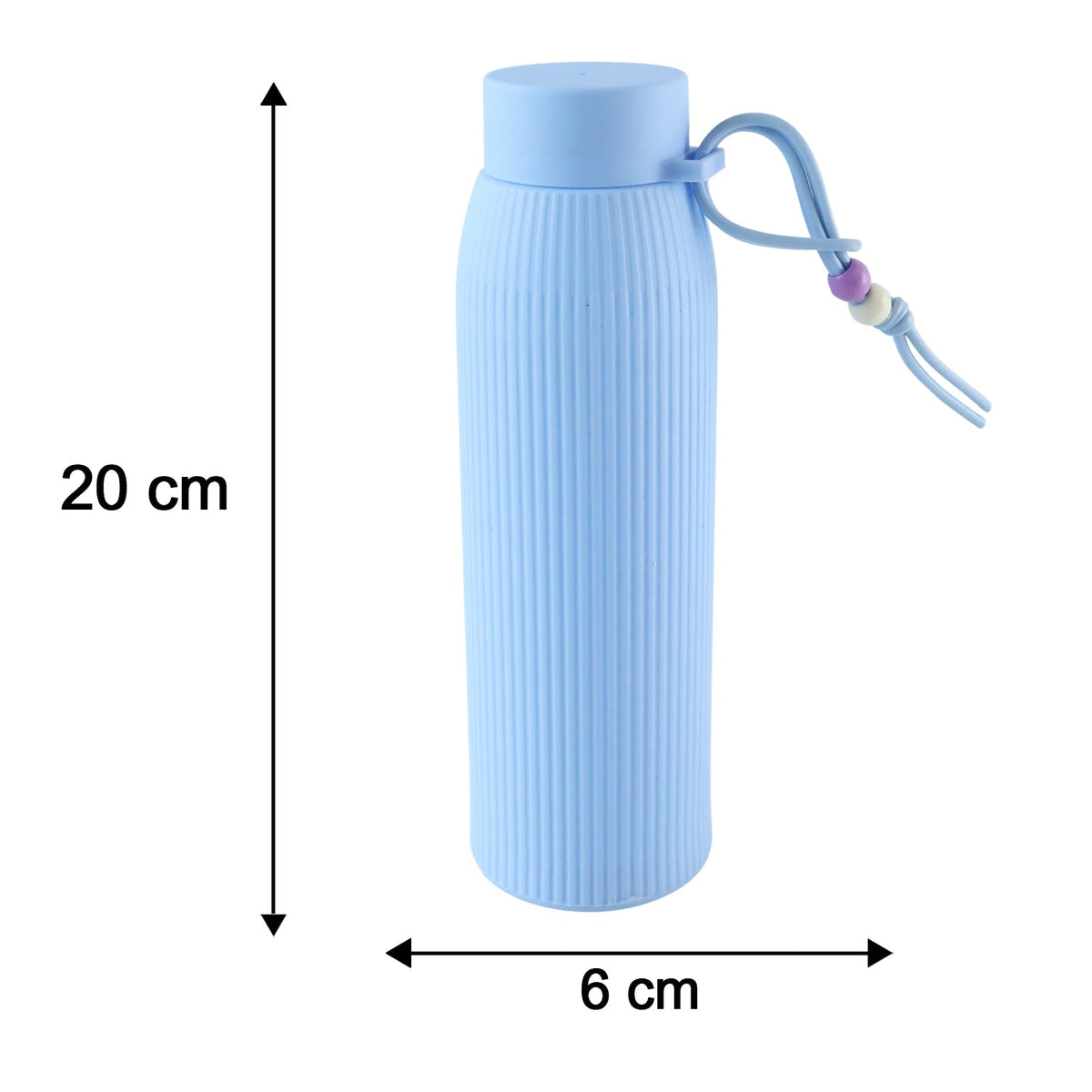 A light blue ribbed glass water bottle is shown with measurement arrows indicating a height of 20 cm and a width of 6 cm.