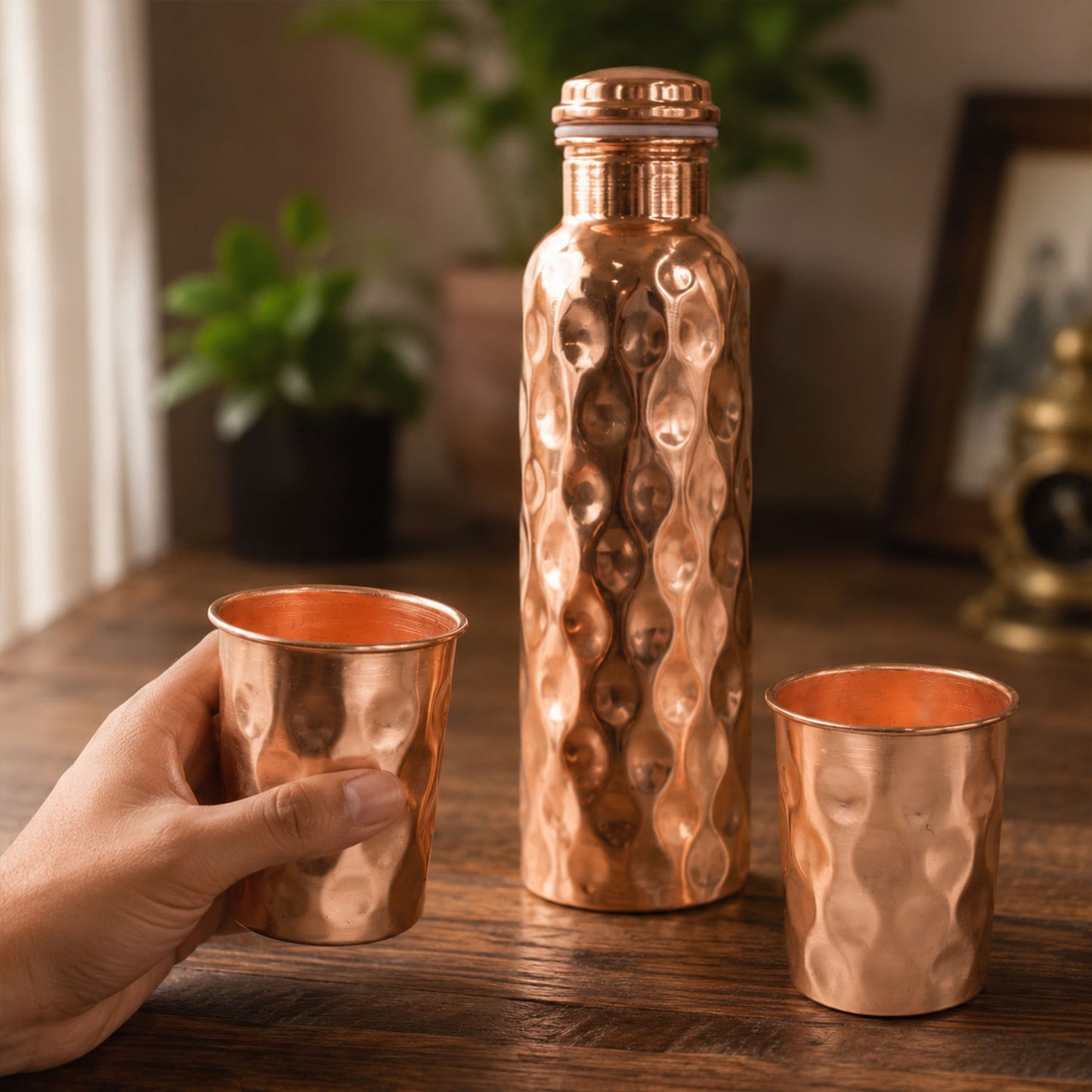 Diamond Cut Copper Water Bottle 2 Glasses with Gift Box (3 Pcs Set)
