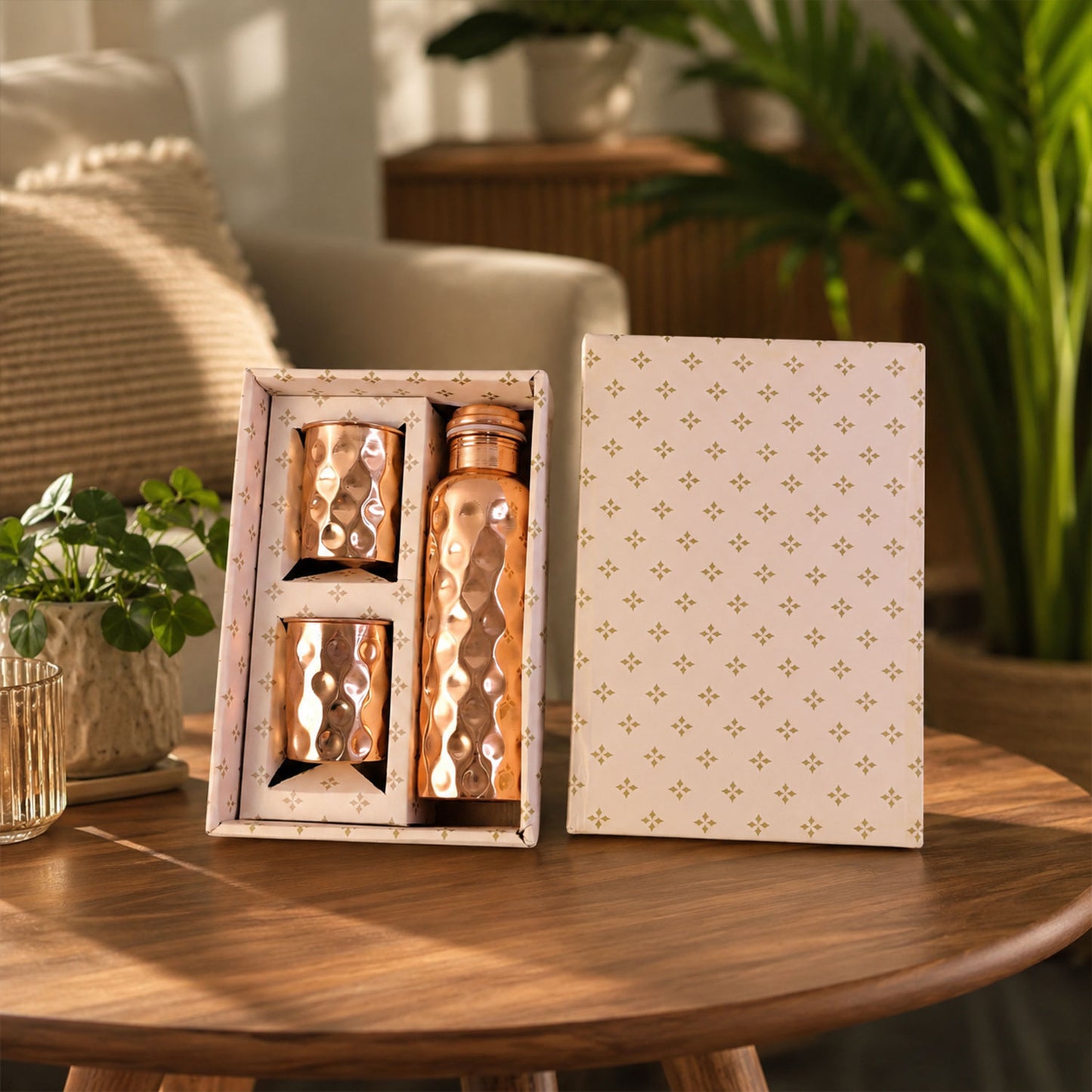 Diamond Cut Copper Water Bottle 2 Glasses with Gift Box (3 Pcs Set)