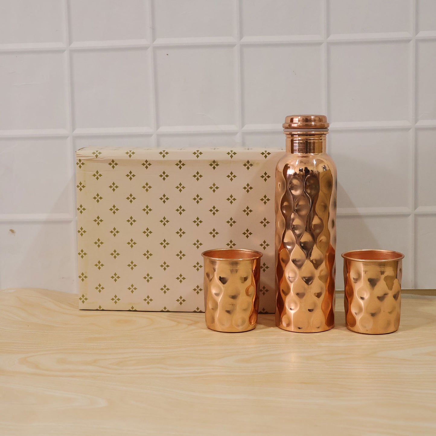 Diamond Cut Copper Water Bottle 2 Glasses with Gift Box (3 Pcs Set)