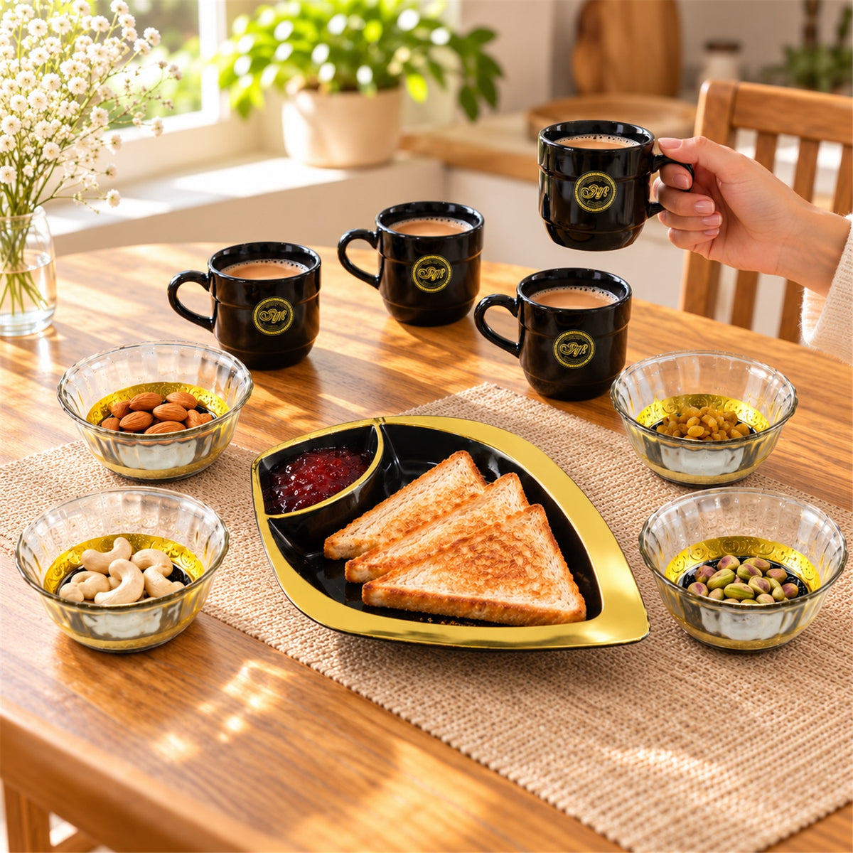 Healthy Choice Set Of 4pc Ceramic Cup And 4pc Glass Bowl With Plastic Plate (9 Pcs Set)