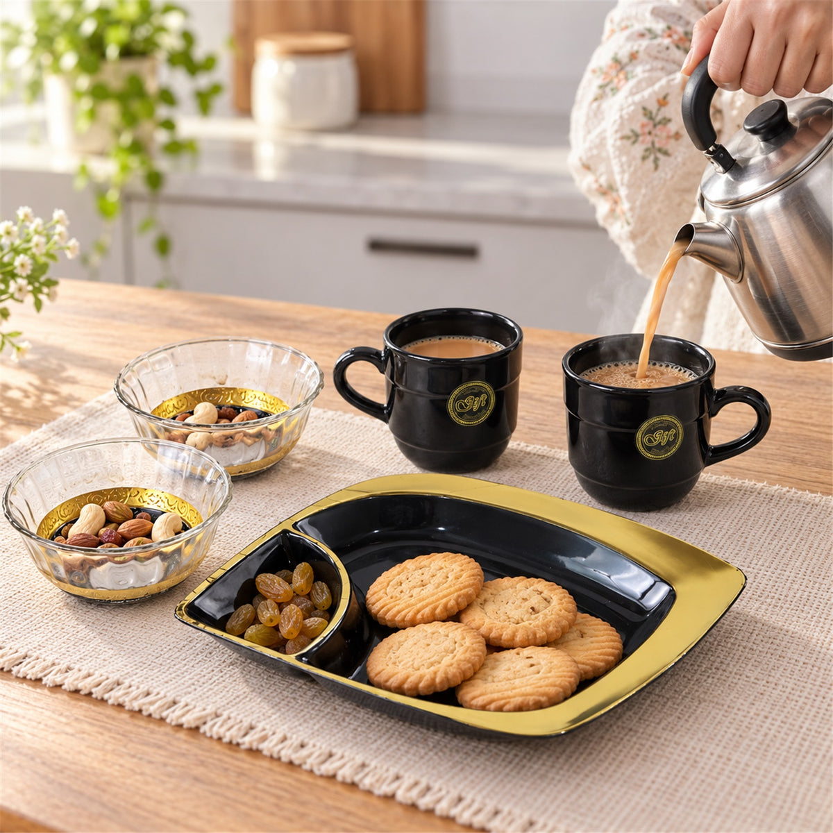 Healthy Choice Set Of 4pc Ceramic Cup And 4pc Glass Bowl With Plastic Plate (9 Pcs Set)