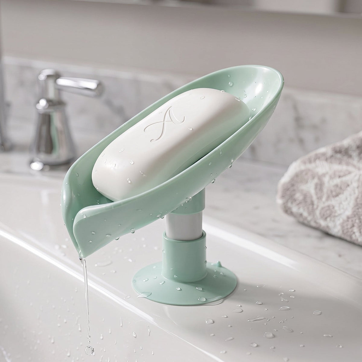 Close-up of waterproof plastic soap holder with leaf design and drainage system