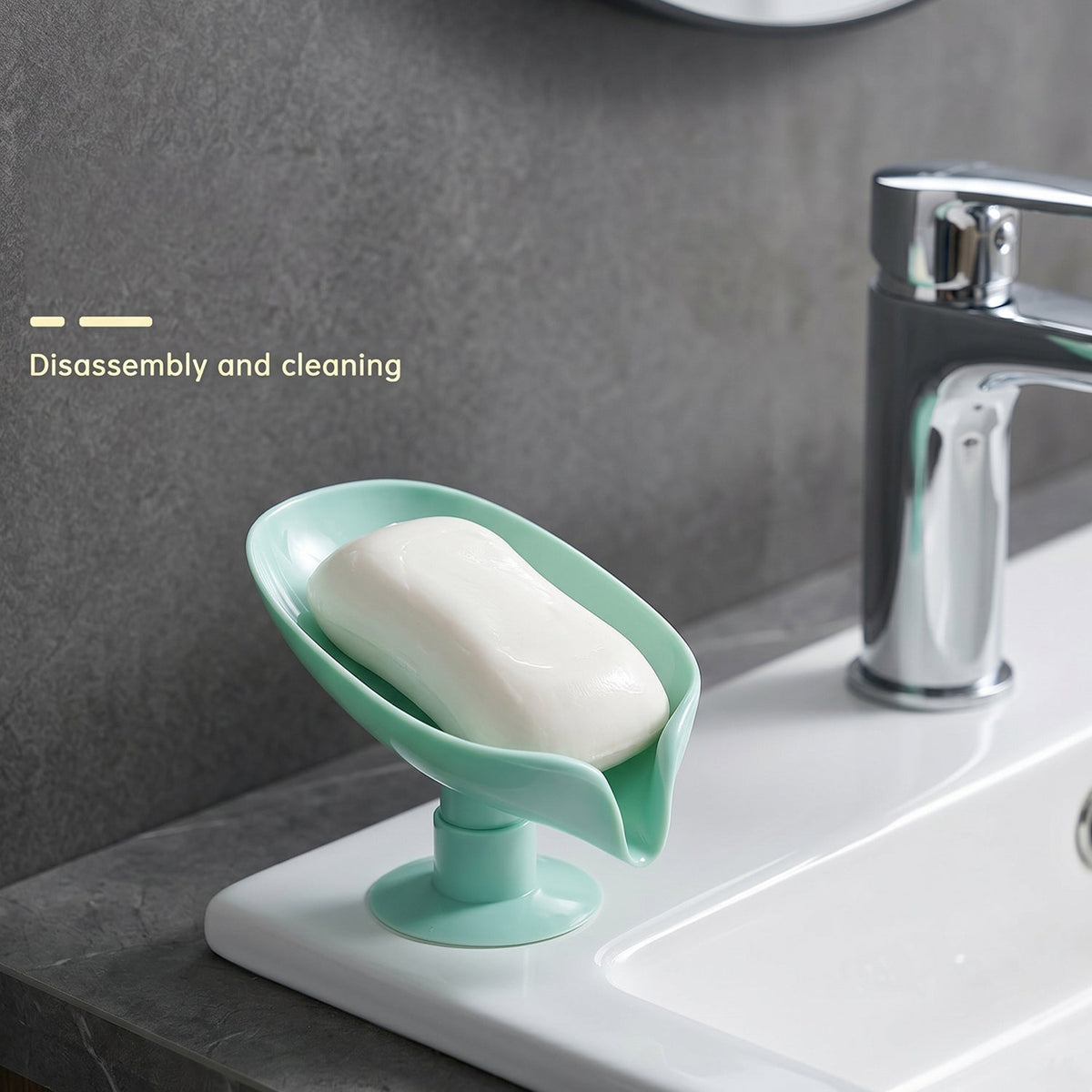 Stylish leaf-shaped suction cup soap holder in bathroom setting