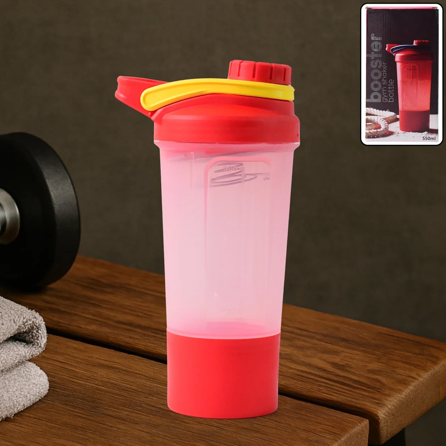 Plastic Premium Booster Gym Shaker Bottle with Mixing Ball (550ml / 1 Pc)