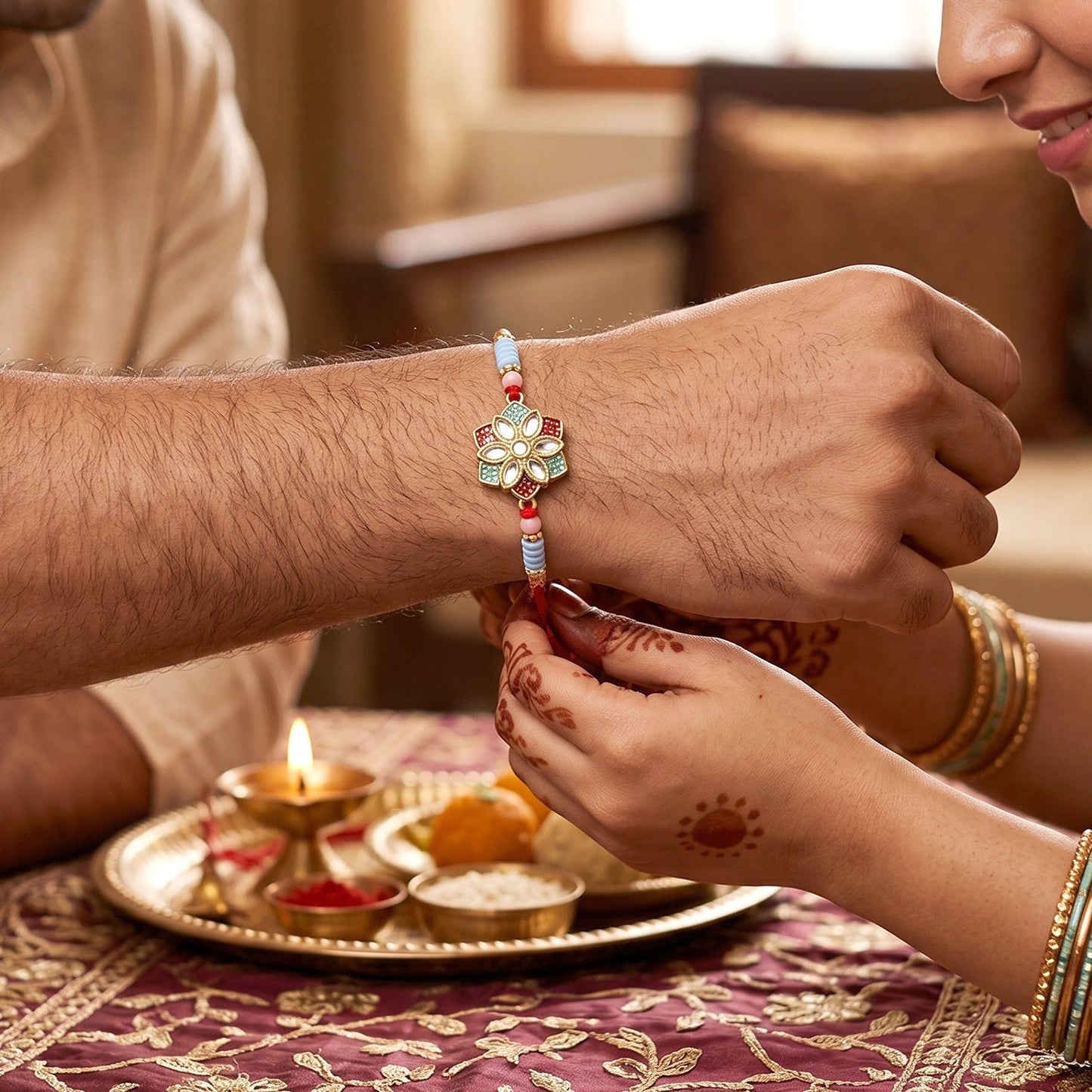 Intricate floral kundan Rakhi with star petal design