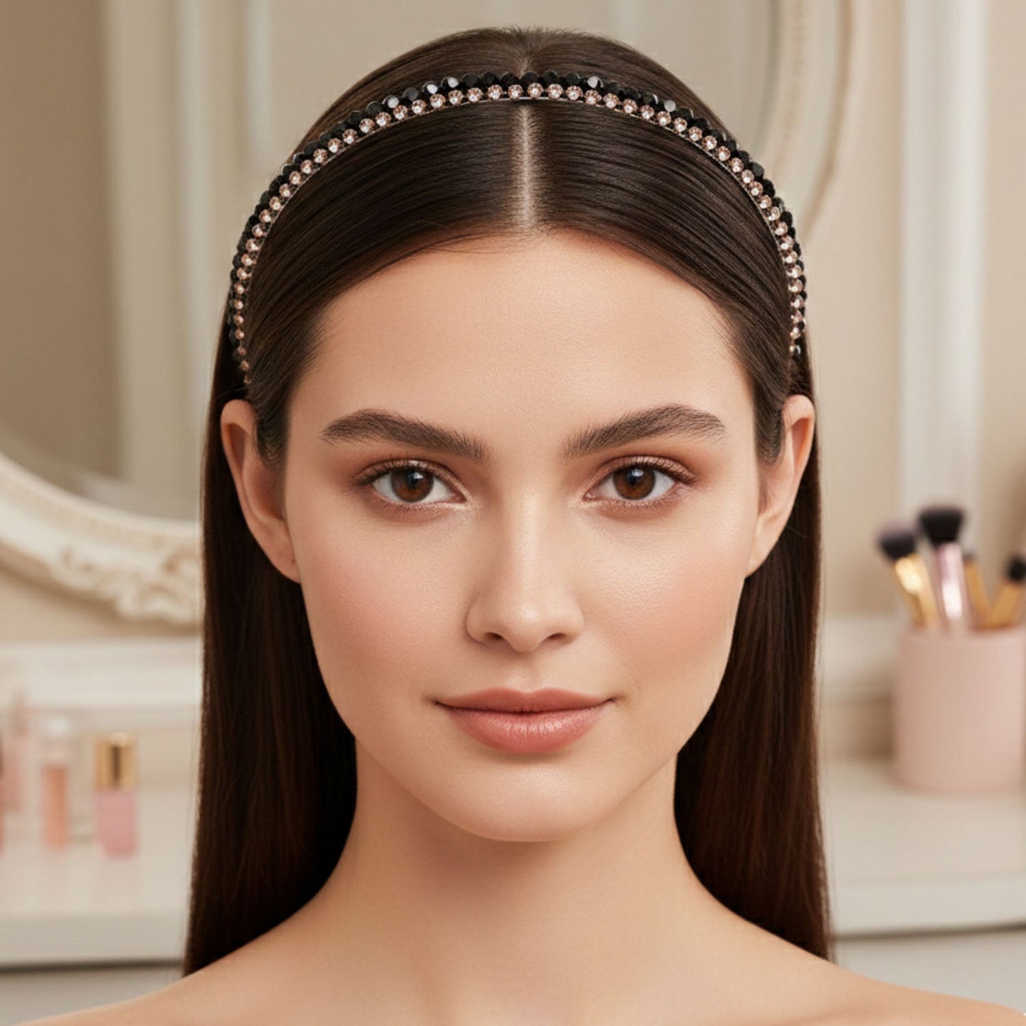 Elegant Black Crystal Studded Metal Hair Band (1 Pc)