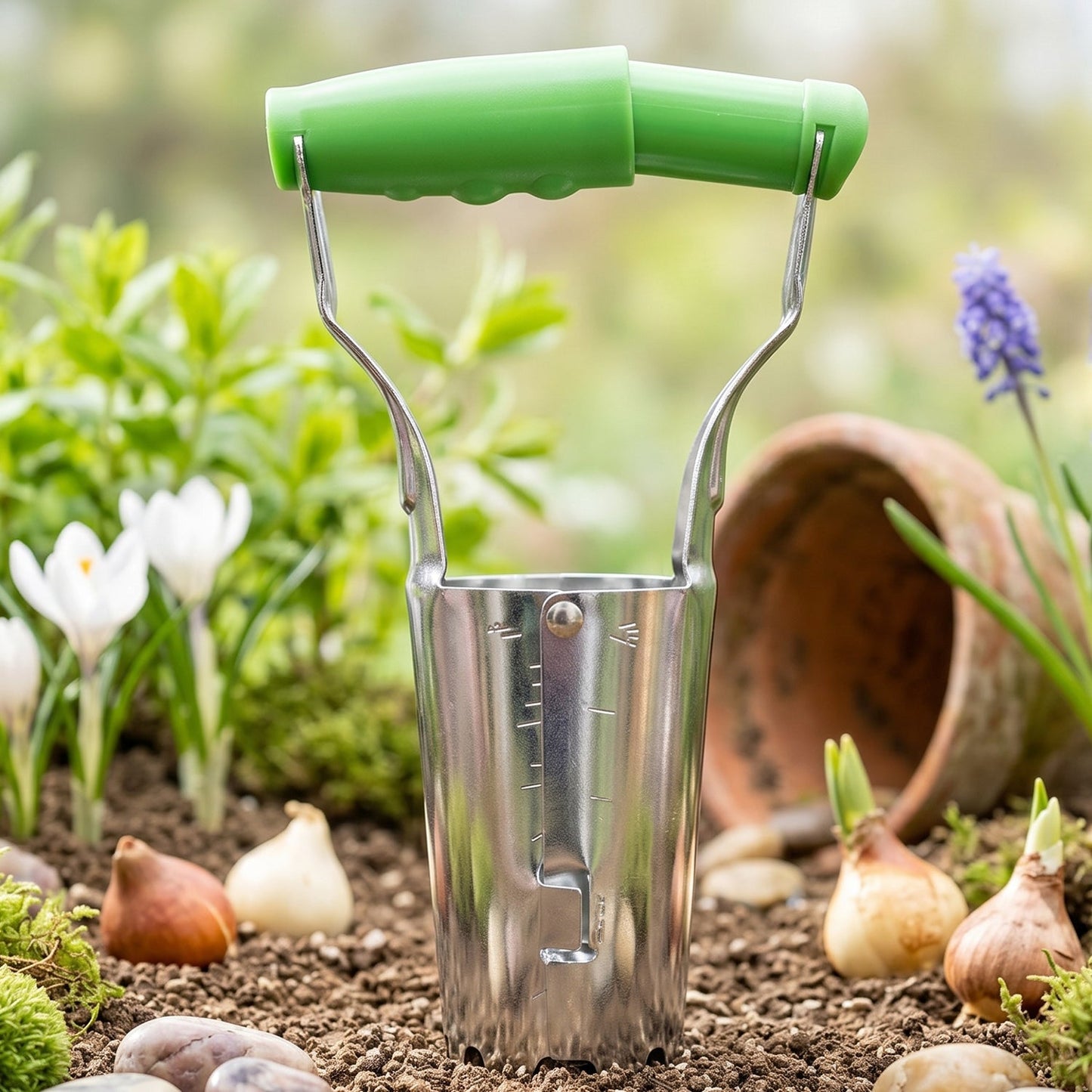 Handling of garden bulb planter showing ergonomic grip