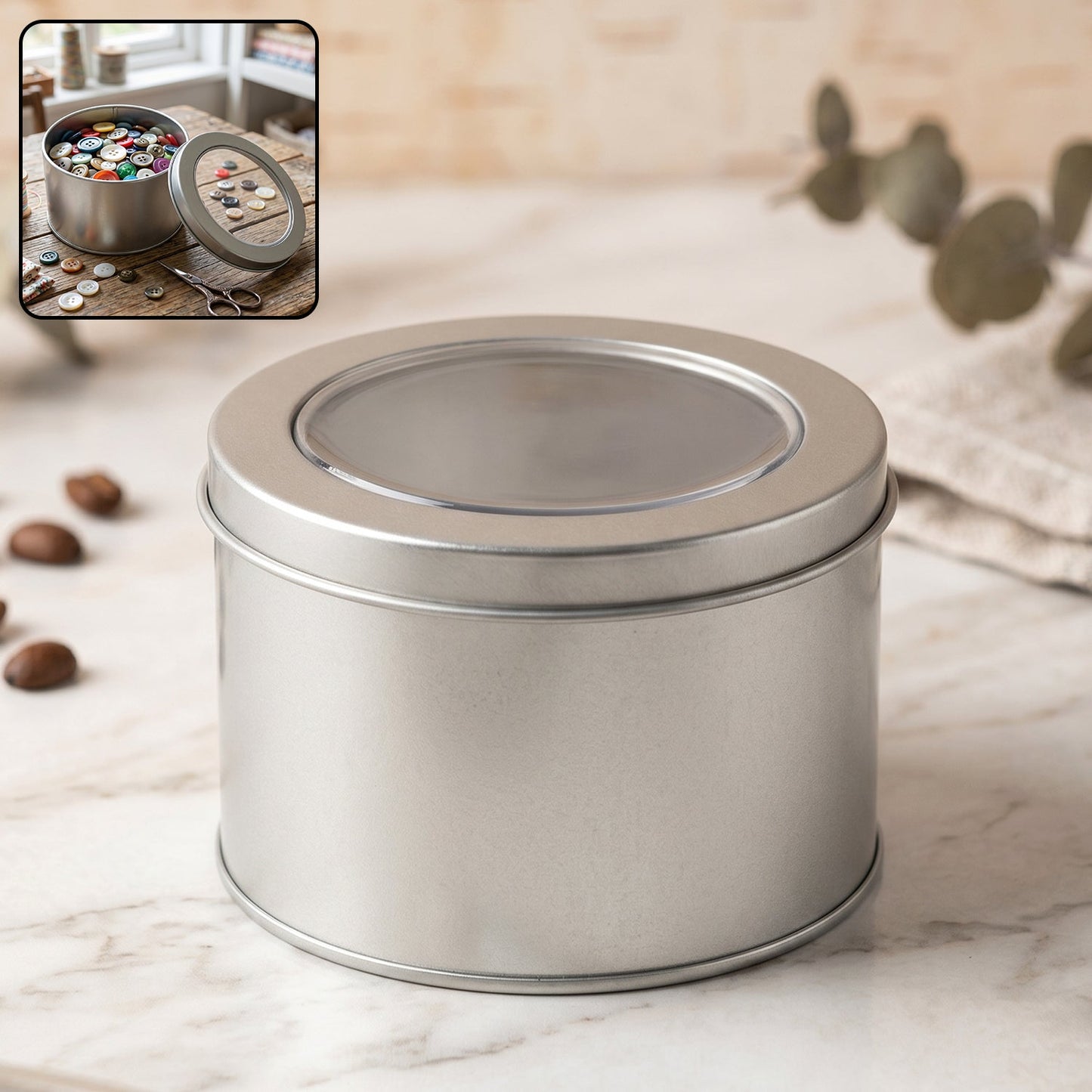 Round metal storage tin box with clear window lid, ideal for organising jewelry and gifts.