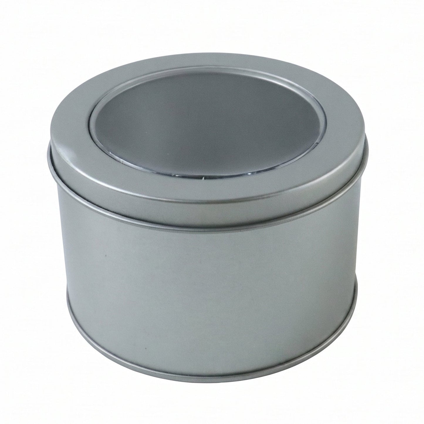 Sturdy metal storage tin with clear window lid, versatile for home or office use.