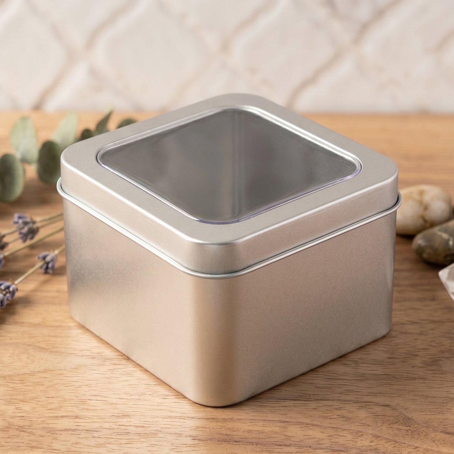 Portable square metal storage tin with see-through lid for organization