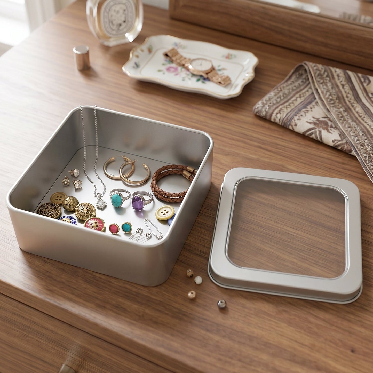 Elegant silver storage tin box for gifting and organizing small valuables