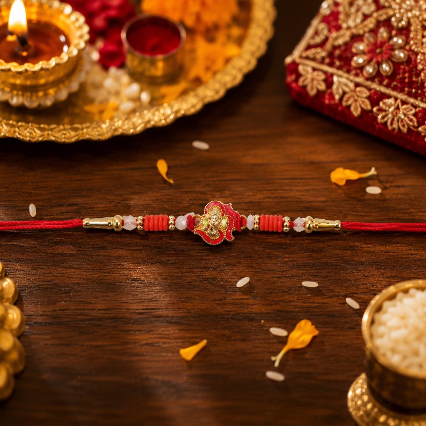 Close-up of Lord Ganesha centerpiece on traditional Rakhi