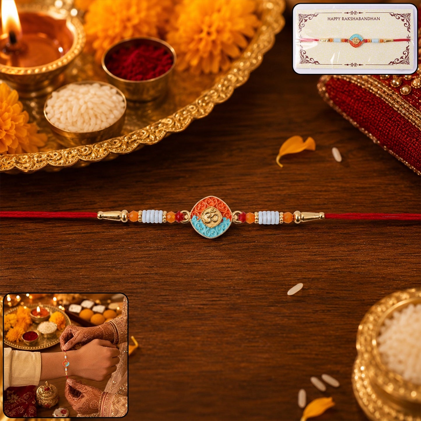 OM Symbol square designer Rakhi with decorative beads