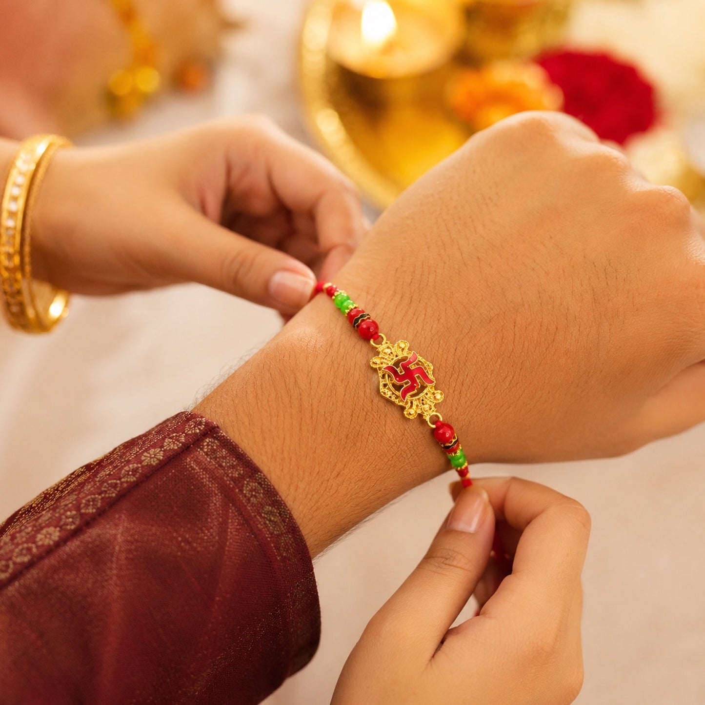Close-up of Swastik Rakhi centerpiece and beads