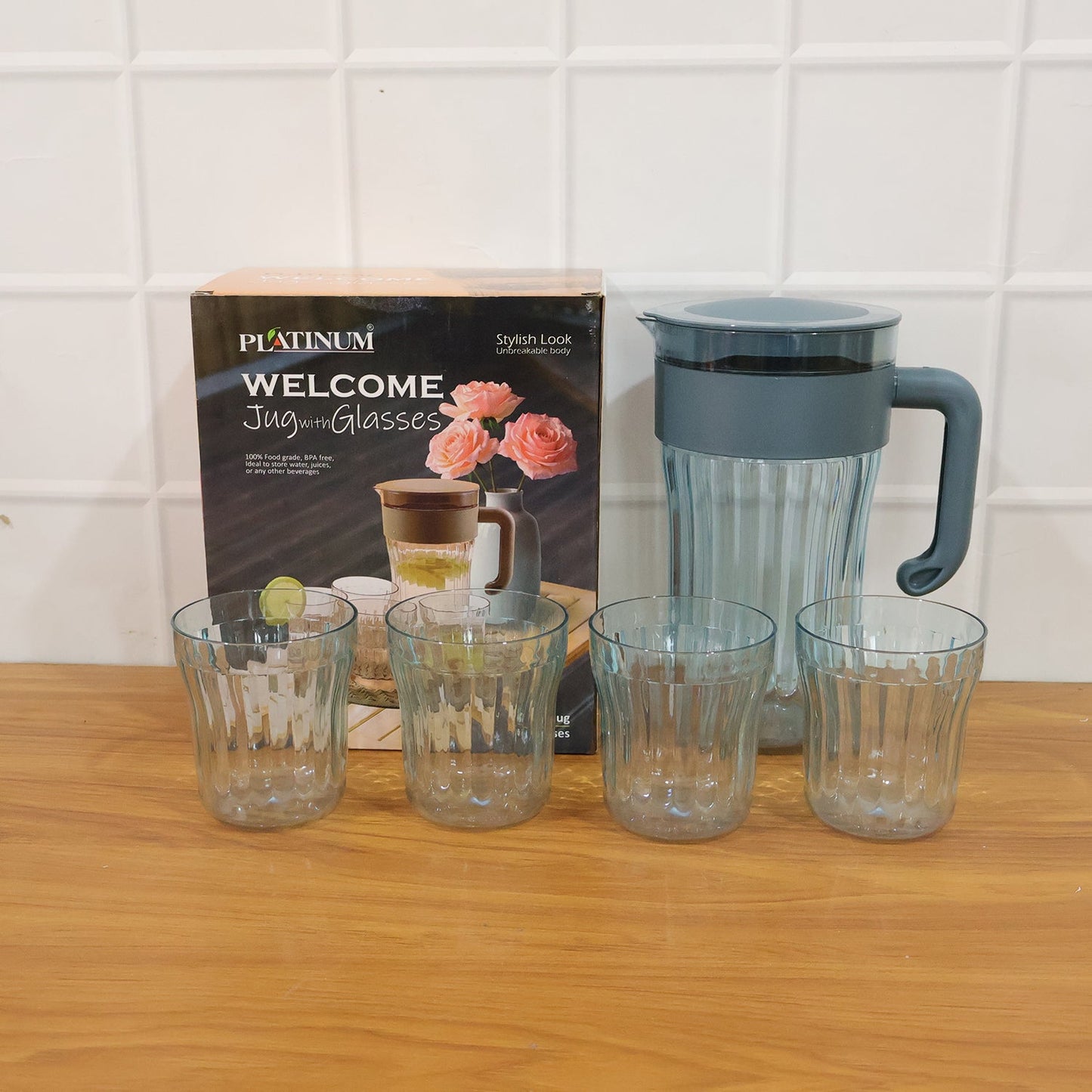 Multipurpose Plastic Water Juice Serving Jug with 4 Drinking Glasses Set (1 Set)