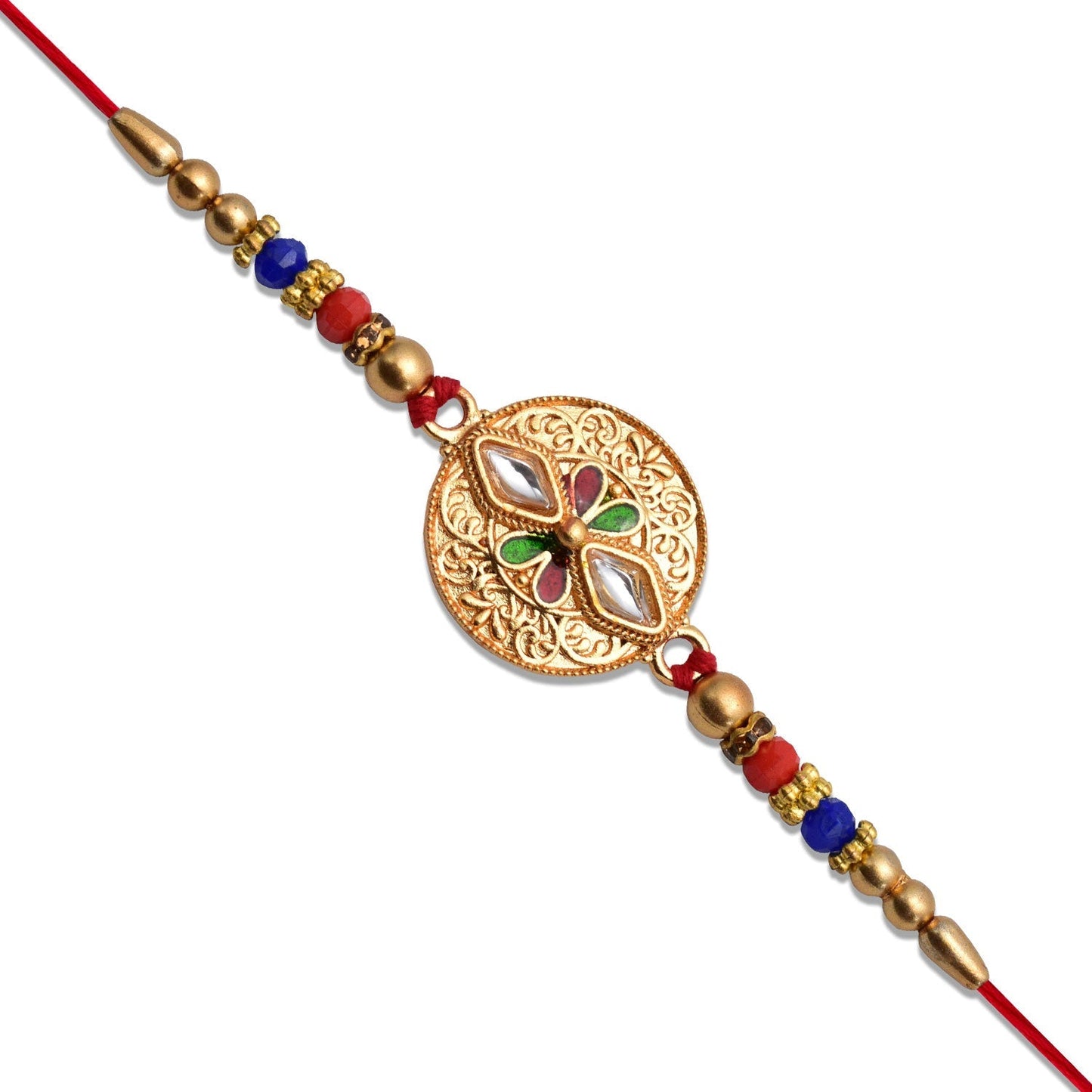 Meenakari Kundan Work Rakhi with antique finish placed on festive background for Raksha Bandhan