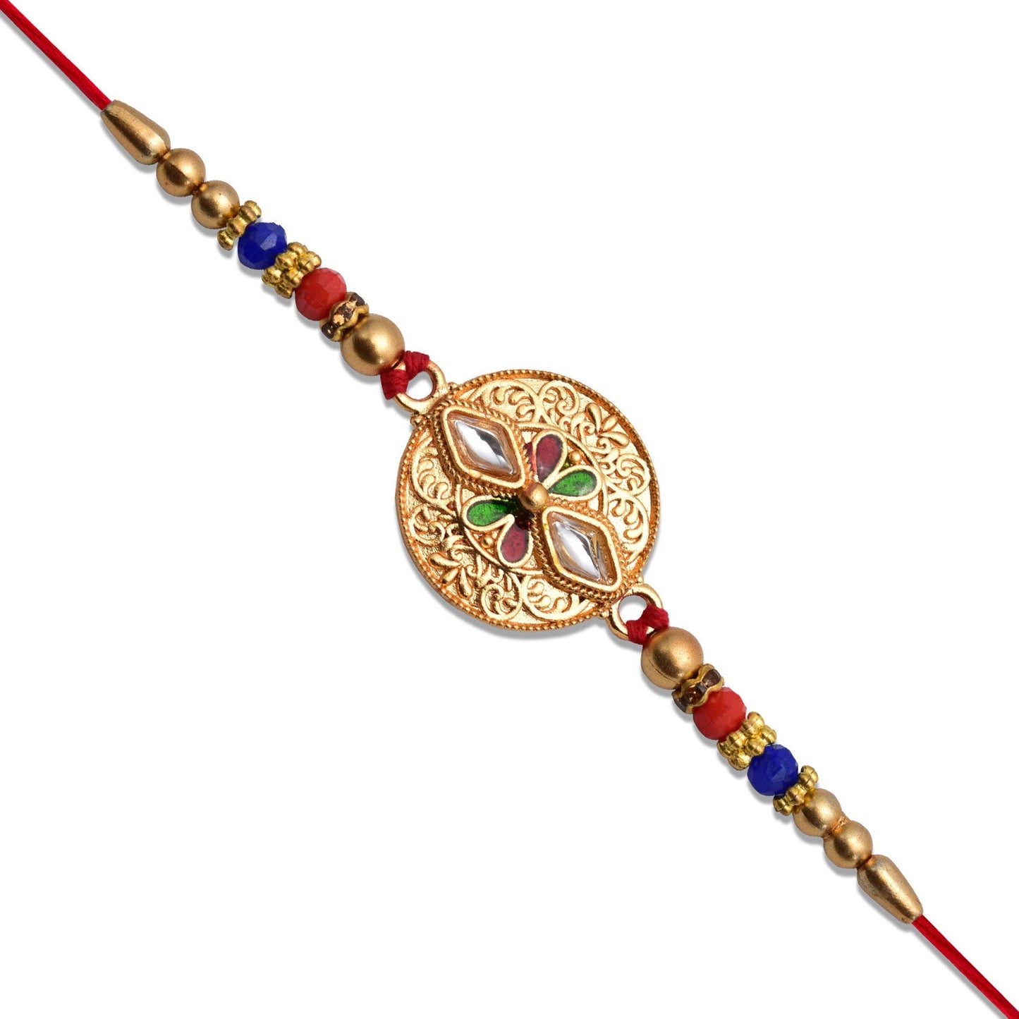 Top view of Meenakari Kundan Work Rakhi featuring vibrant meenakari detailing with antique finish