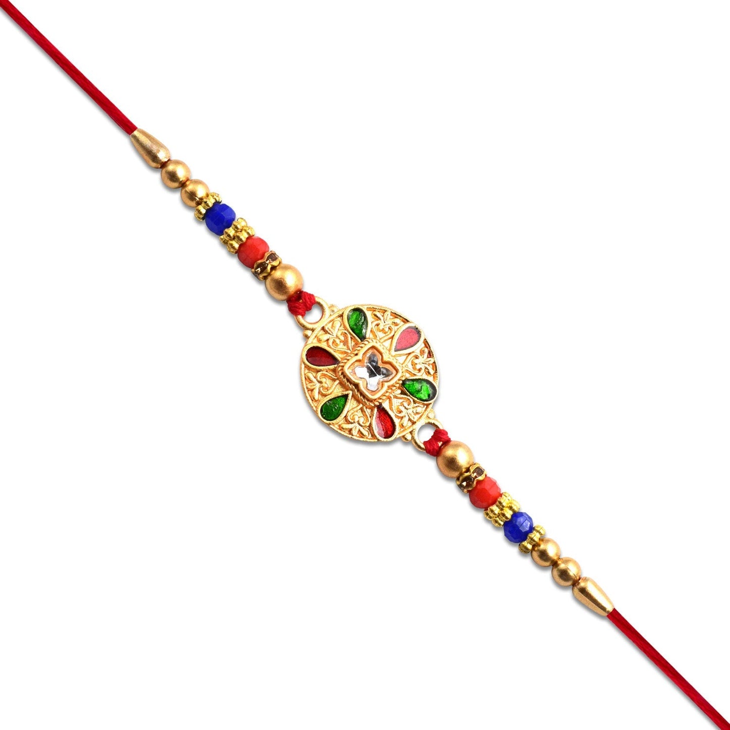 Front view of elegant traditional Rakhi with gold accents and multicolor enamel