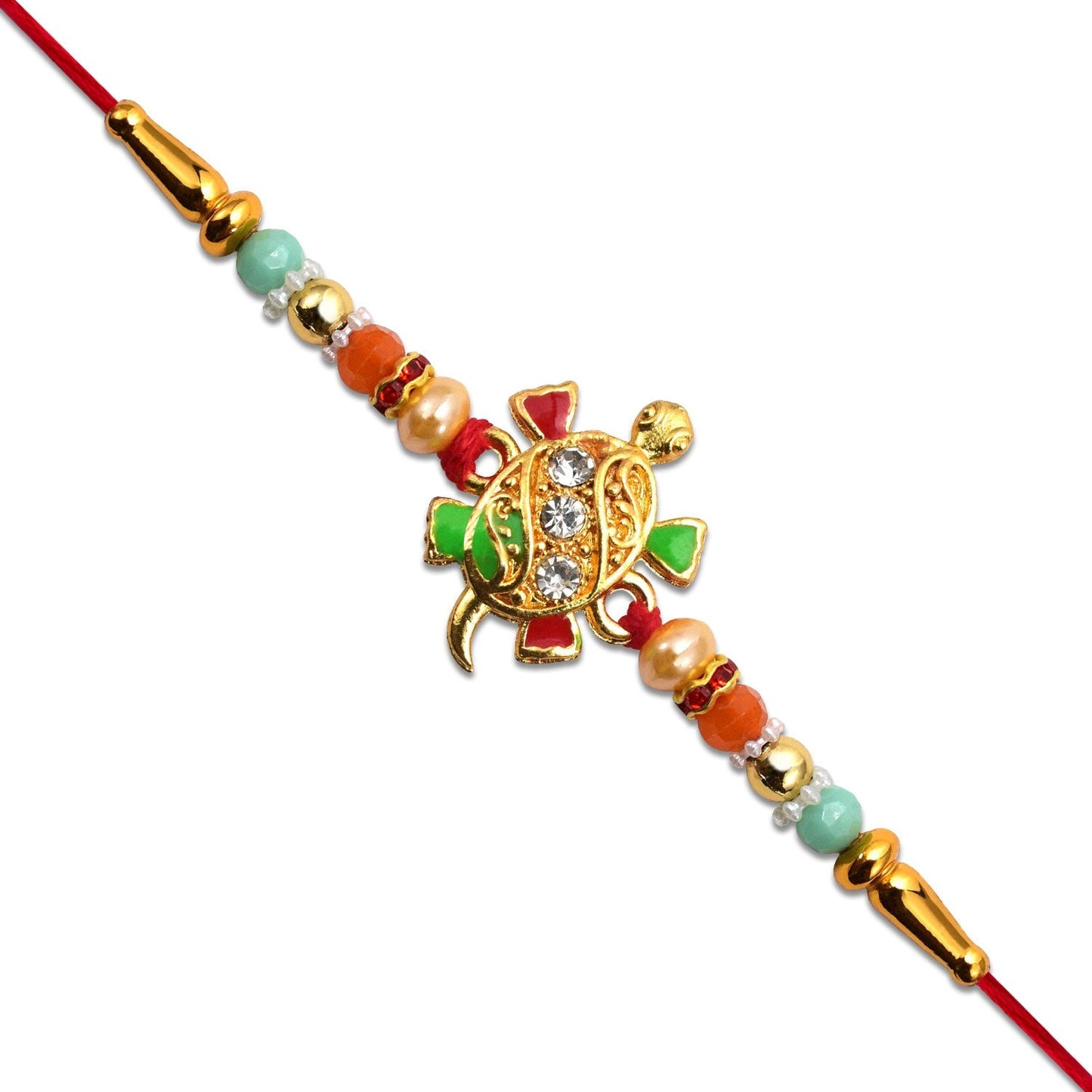Detailed look at tortoise design Rakhi with vibrant stones