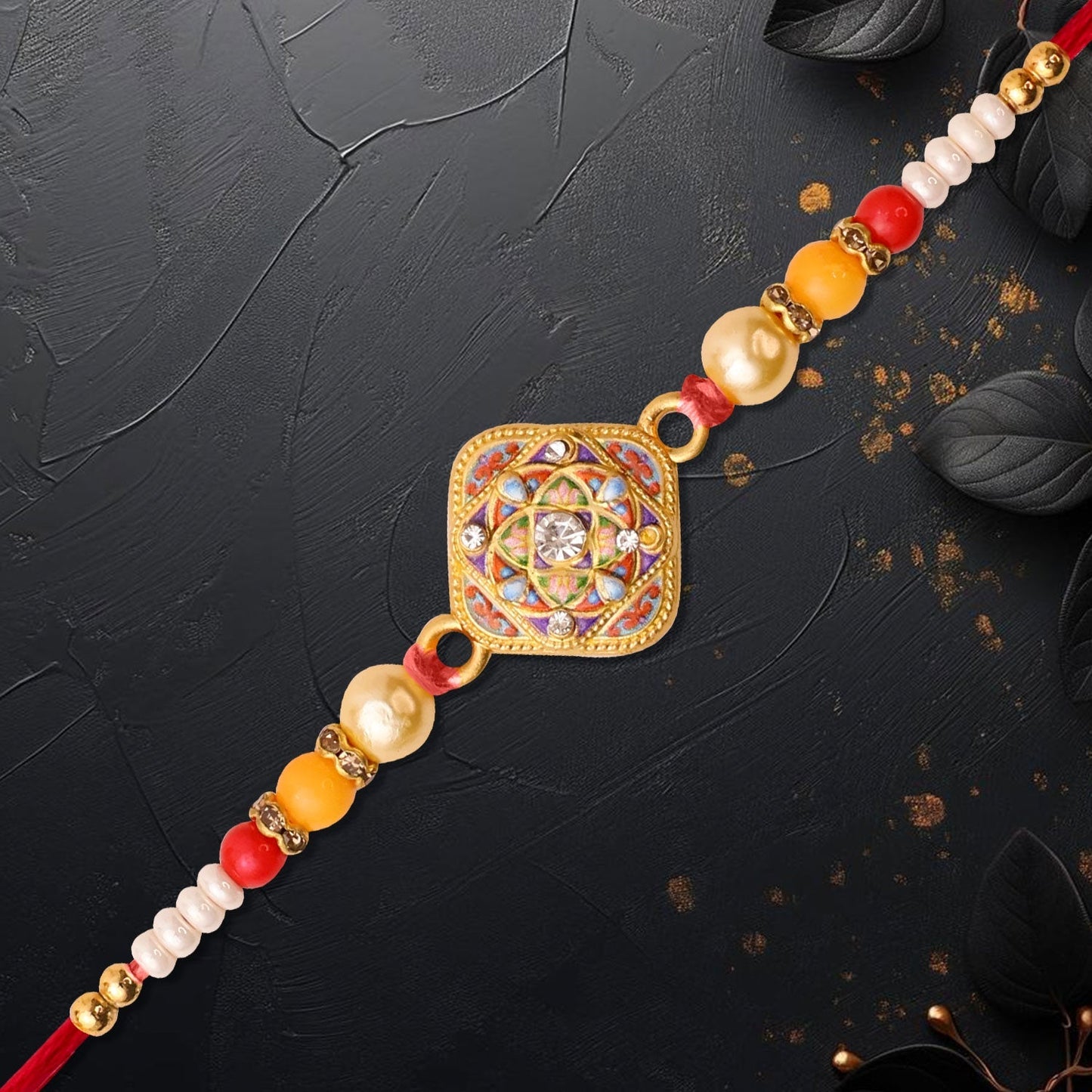Detailed view of vibrant colors and intricate craftsmanship of the Mandala Rakhi.