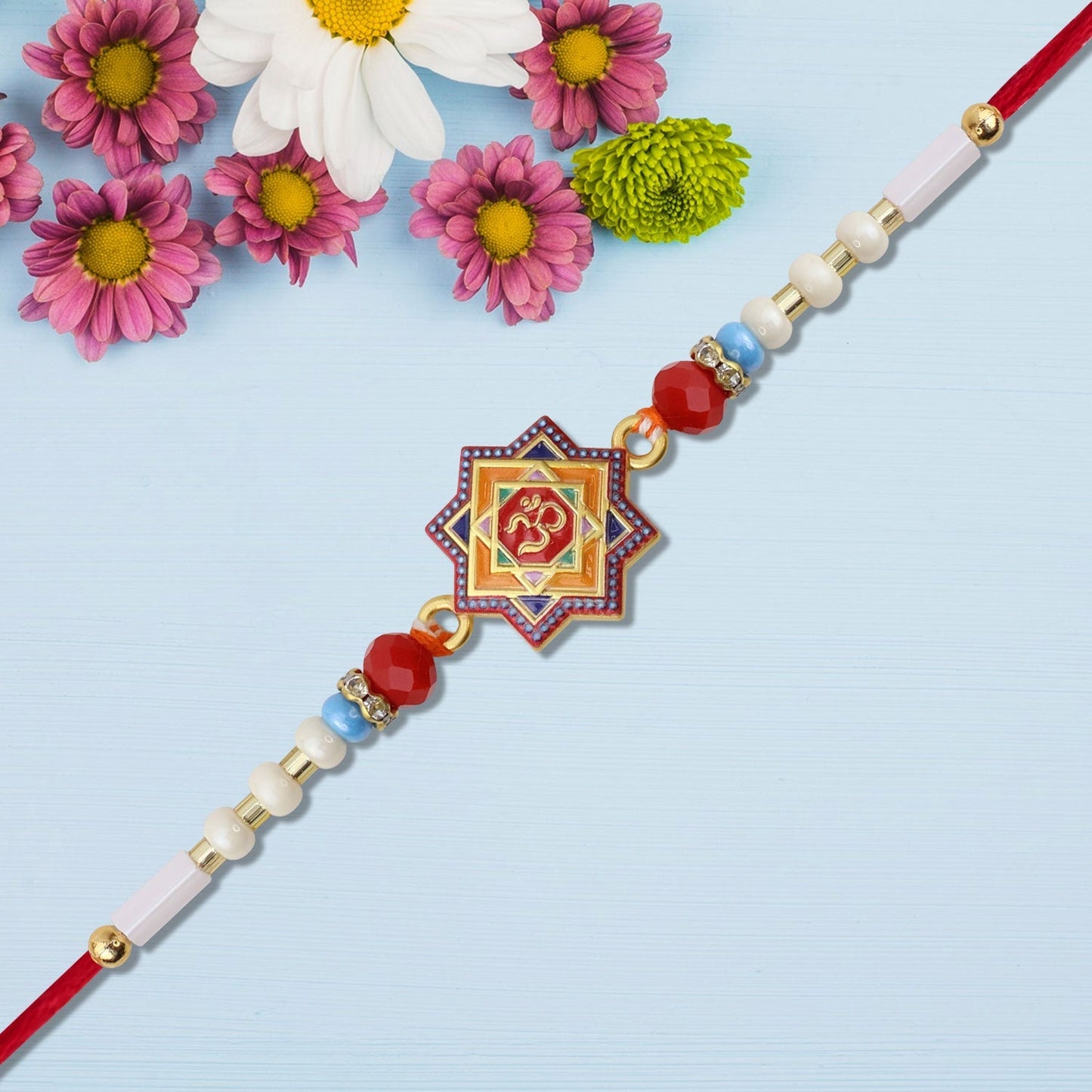 Om Rakhi displaying the sacred Om symbol inside an elegant eight-pointed Ashtakona star