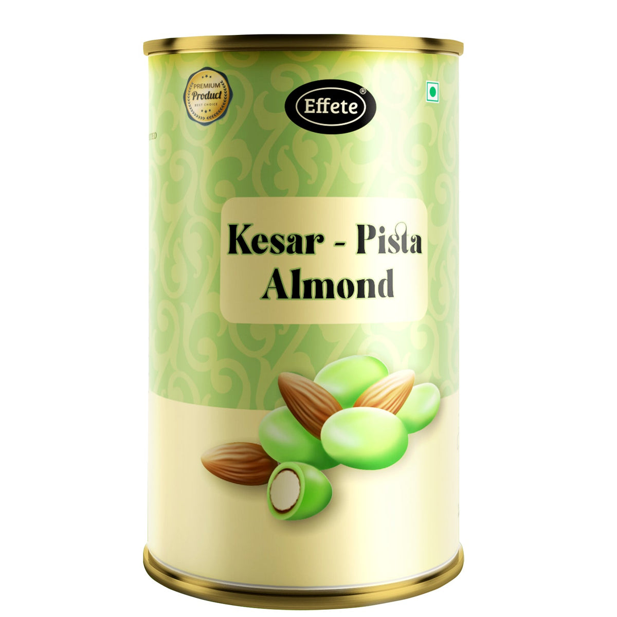 A single Kesar Pista Almond tin with a gold lid is shown on a plain white background.