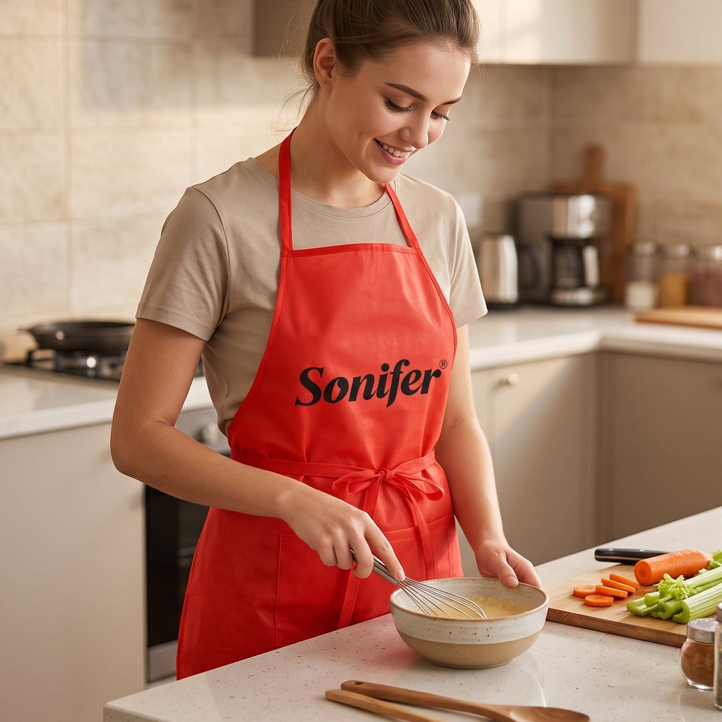 A woman in a beige t-shirt and red Sonifer apron whisks ingredients in a bowl on a kitchen counter with chopped vegetables.