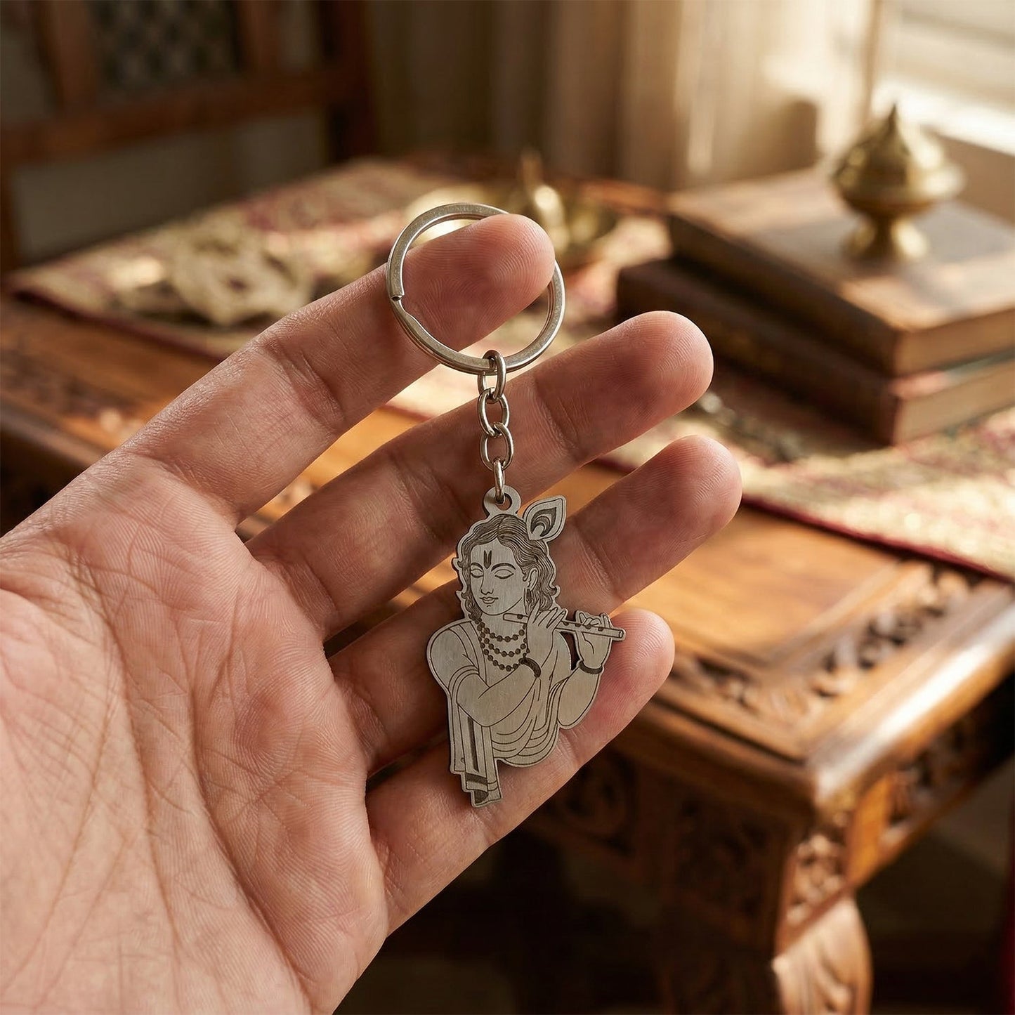 Elegant Metal Lord Krishna Engraved Keychain 1 Pc