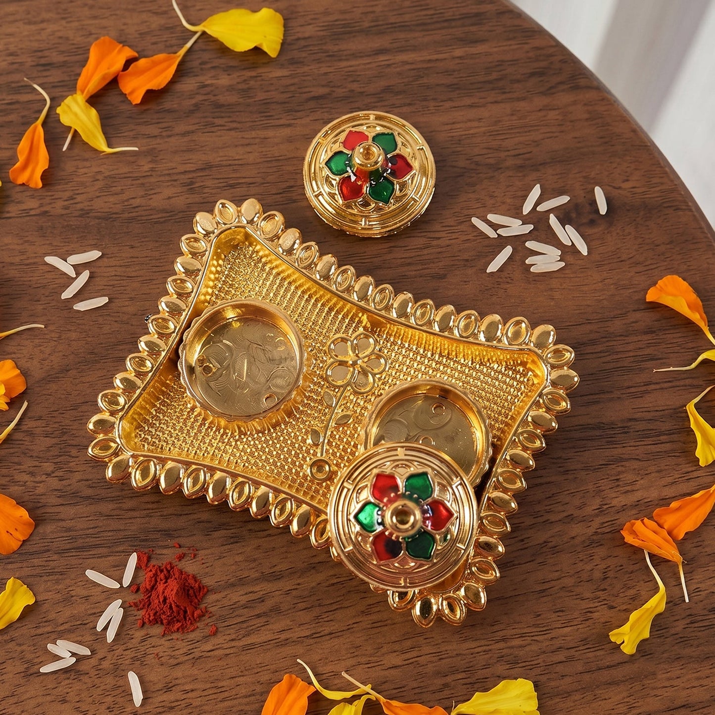 Traditional meenakari flower lid kumkum holder for festive rituals